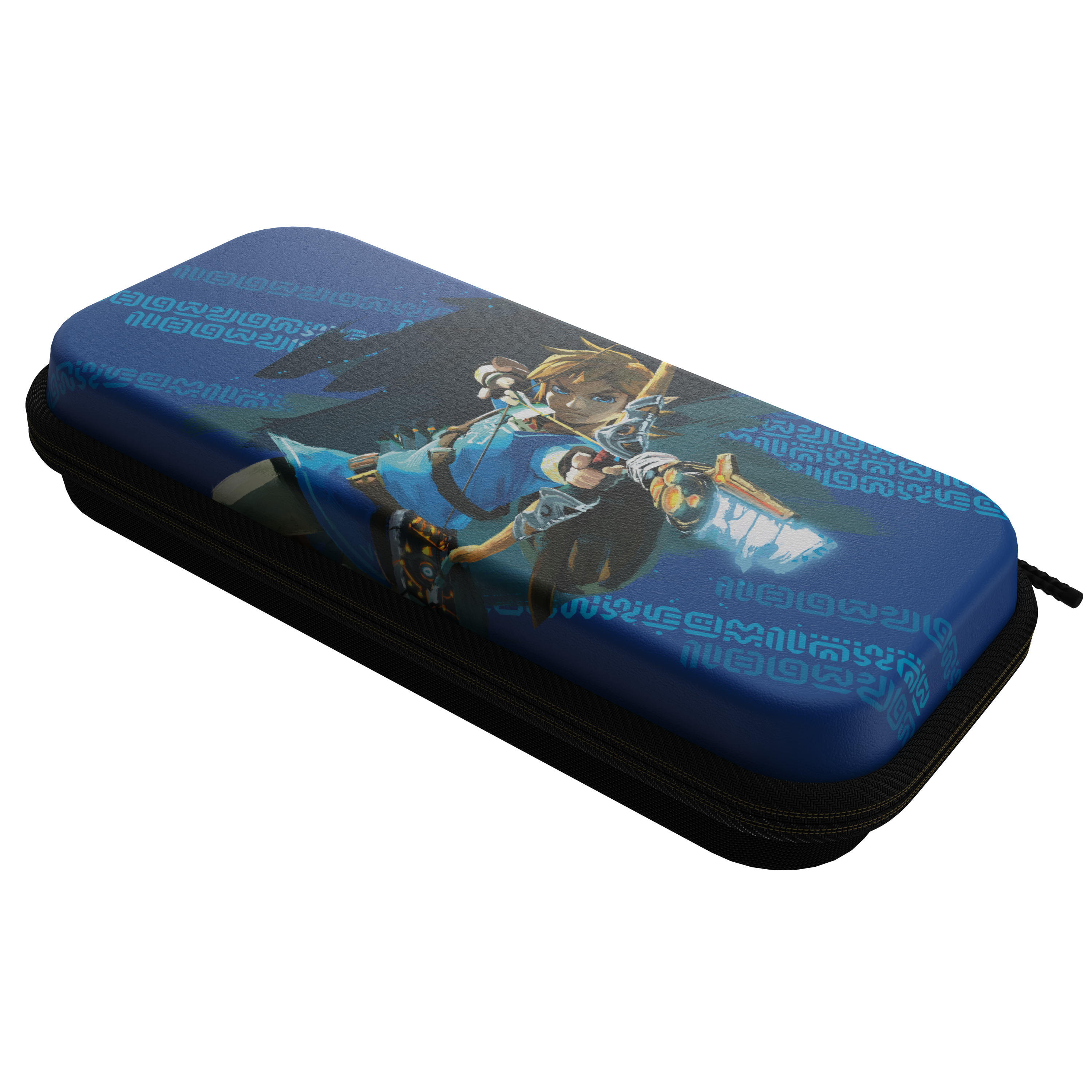 Una funda azul de Nintendo Switch con un personaje de Zelda. La funda es negra con cremallera.