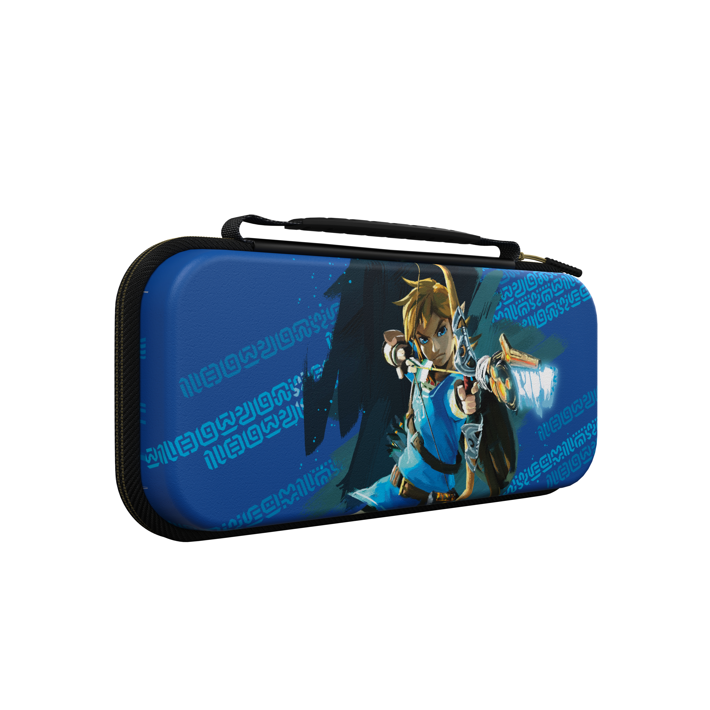 Funda azul de Nintendo Switch con Link de Zelda apuntando un arma. Asa y ribete negros. Fondo azul.