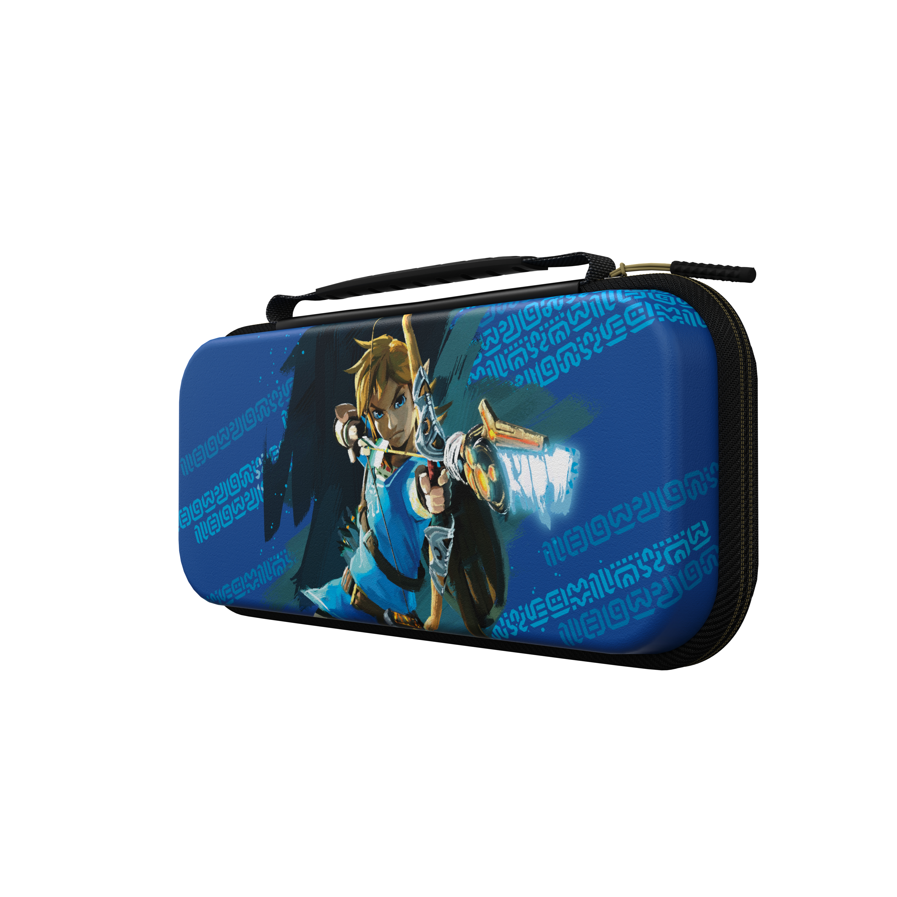 Funda de transporte azul con una imagen de Link de Zelda. La funda tiene asa y cremallera. Fondo blanco.