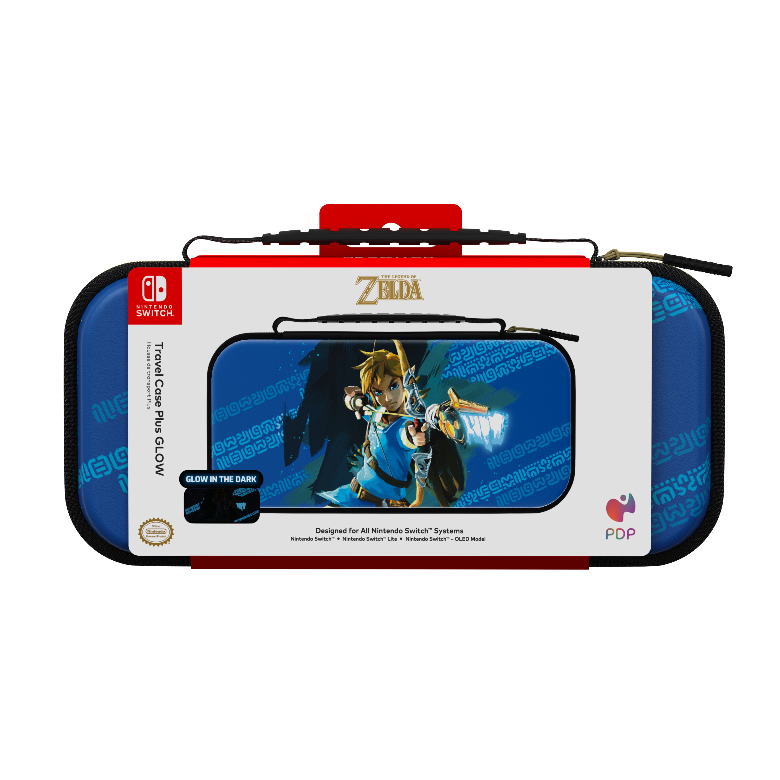 Estuche para Nintendo Switch. Estuche azul con gráficos de Zelda. Incluye asa y cremallera.