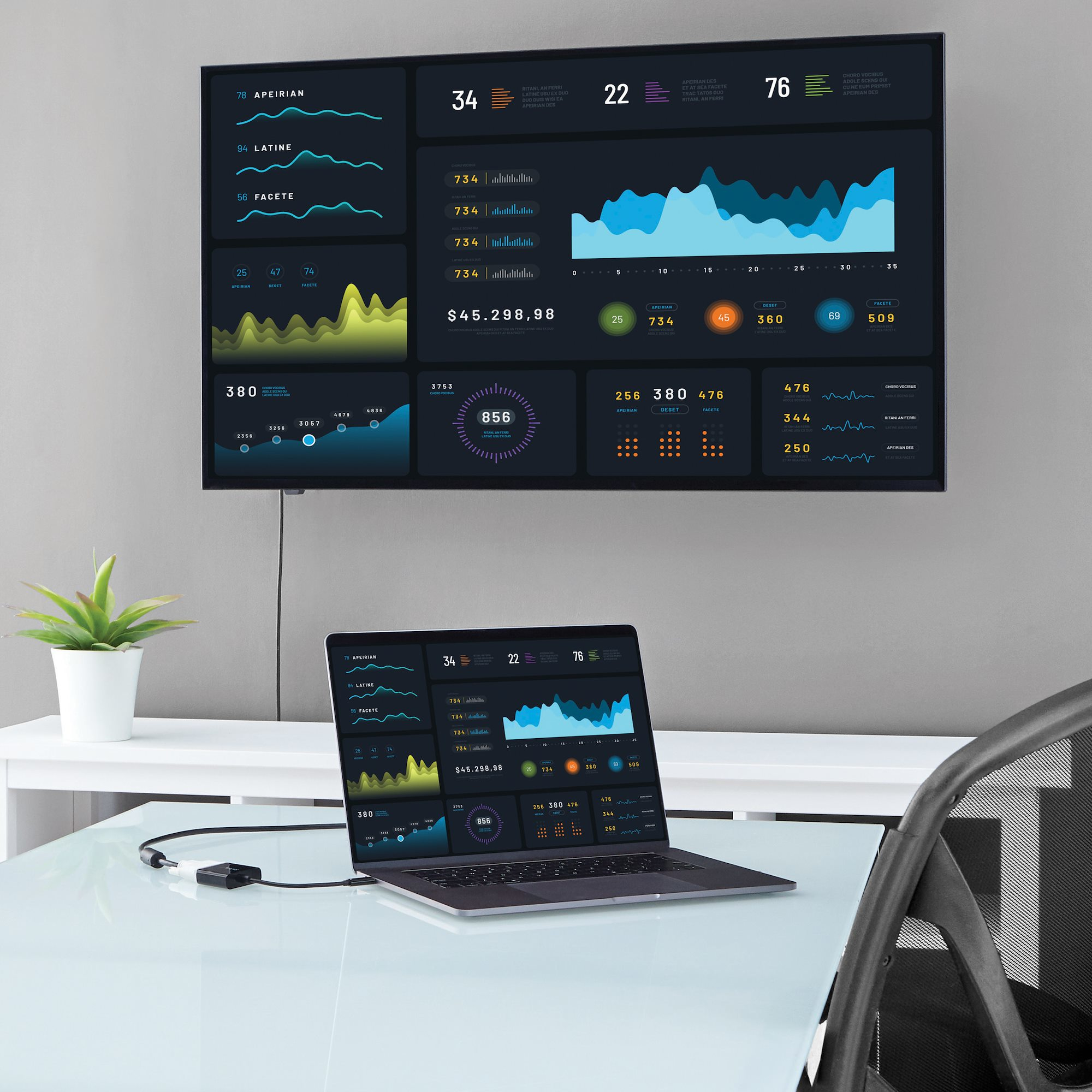 Ein Laptop und ein großer Bildschirm zeigen Datenvisualisierungen. Eine Pflanze und ein Stuhl sind ebenfalls im Bild.