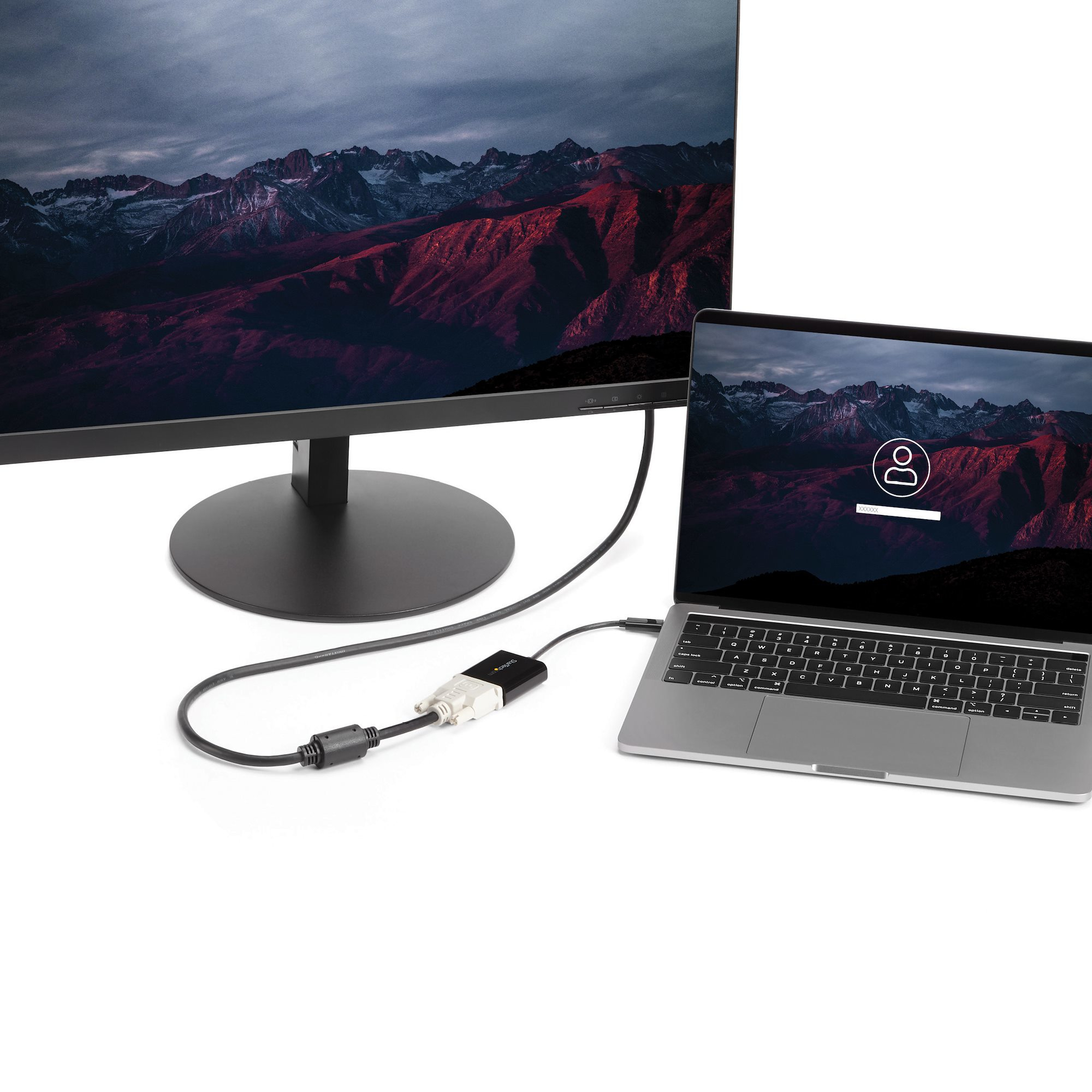 Monitor, der über ein Kabel mit einem Laptop verbunden ist. Beide Bildschirme zeigen eine Berglandschaft. Weißer Hintergrund.