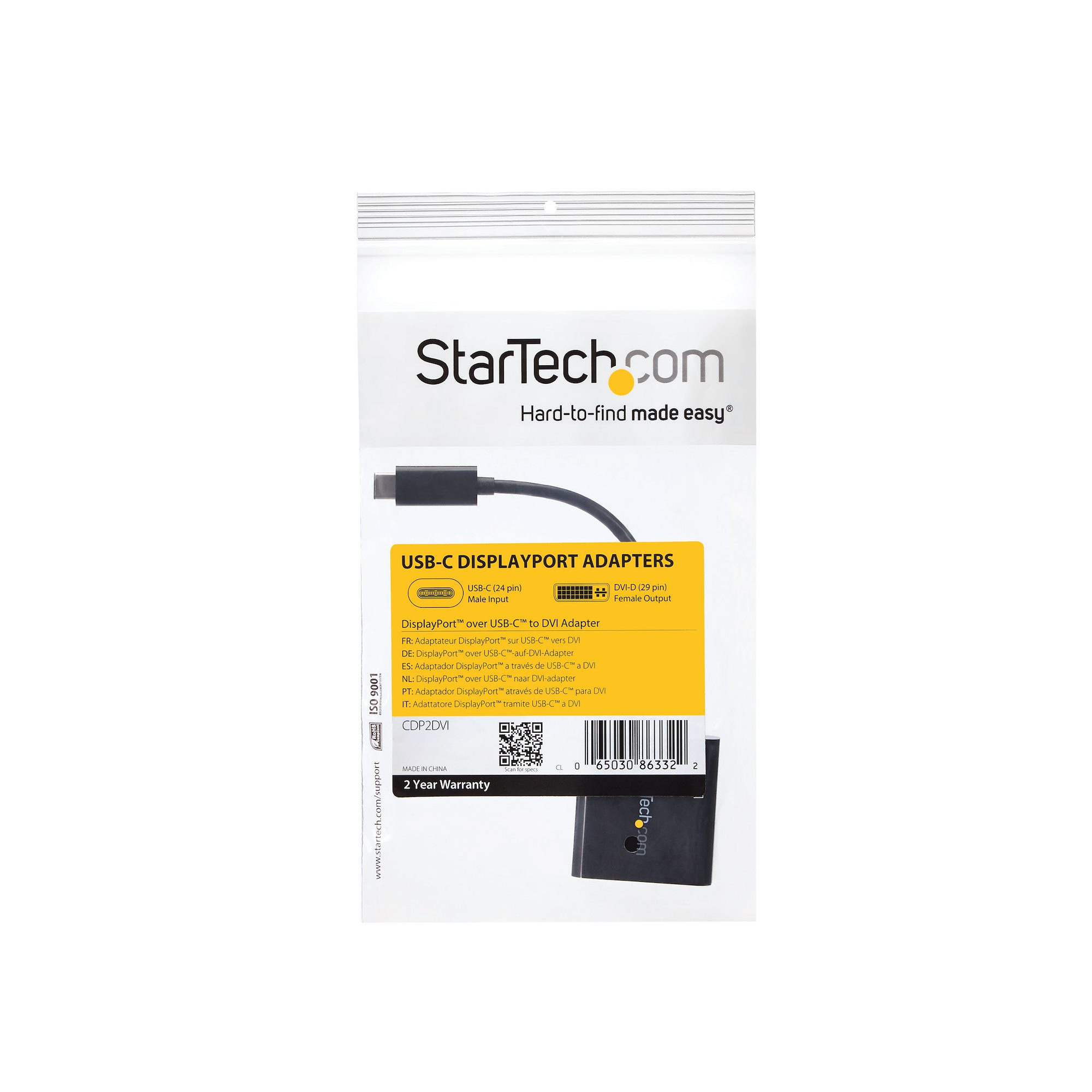 Eine StarTech-Adapterverpackung. Sie enthält einen USB-C-auf-DVI-Adapter mit Produktdetails und Garantieinformationen.