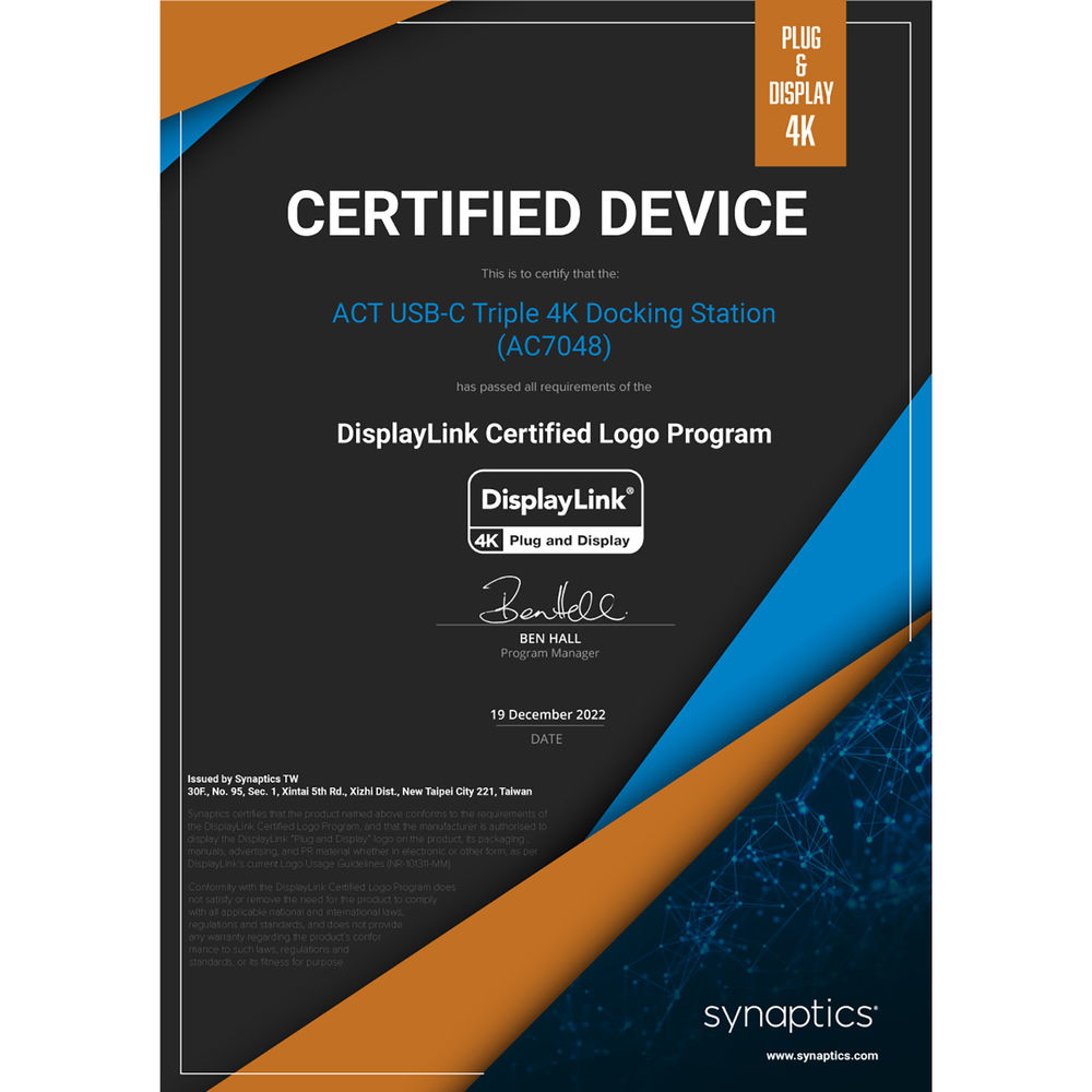 Certificado para la estación de acoplamiento ACT USB-C Triple 4K. Logotipo de DisplayLink presente. Fondo negro con elementos azules y naranjas.