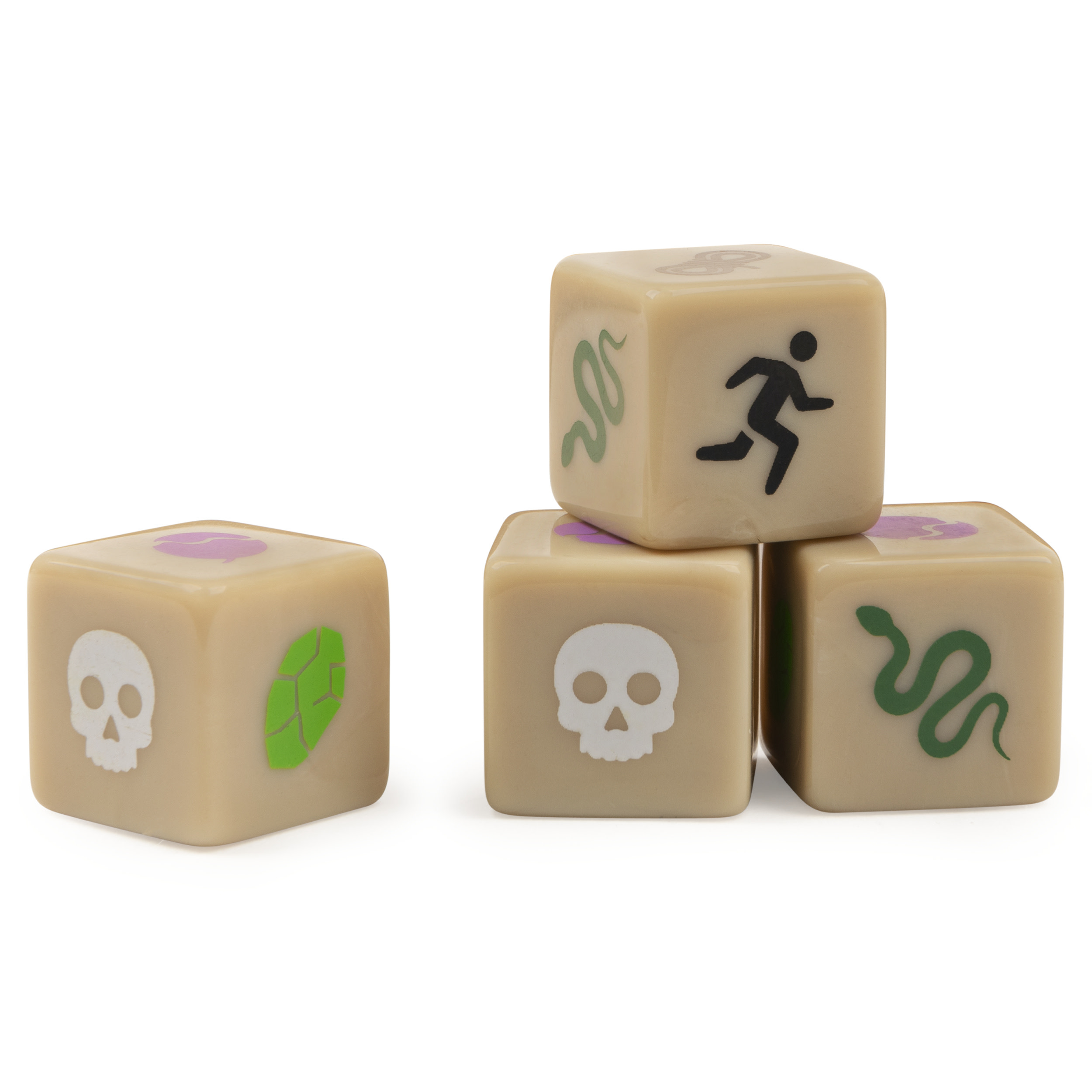 Cztery beżowe kostki z czarnymi, zielonymi i fioletowymi symbolami: czaszka, wąż, biegnący człowiek i liść. Białe tło.