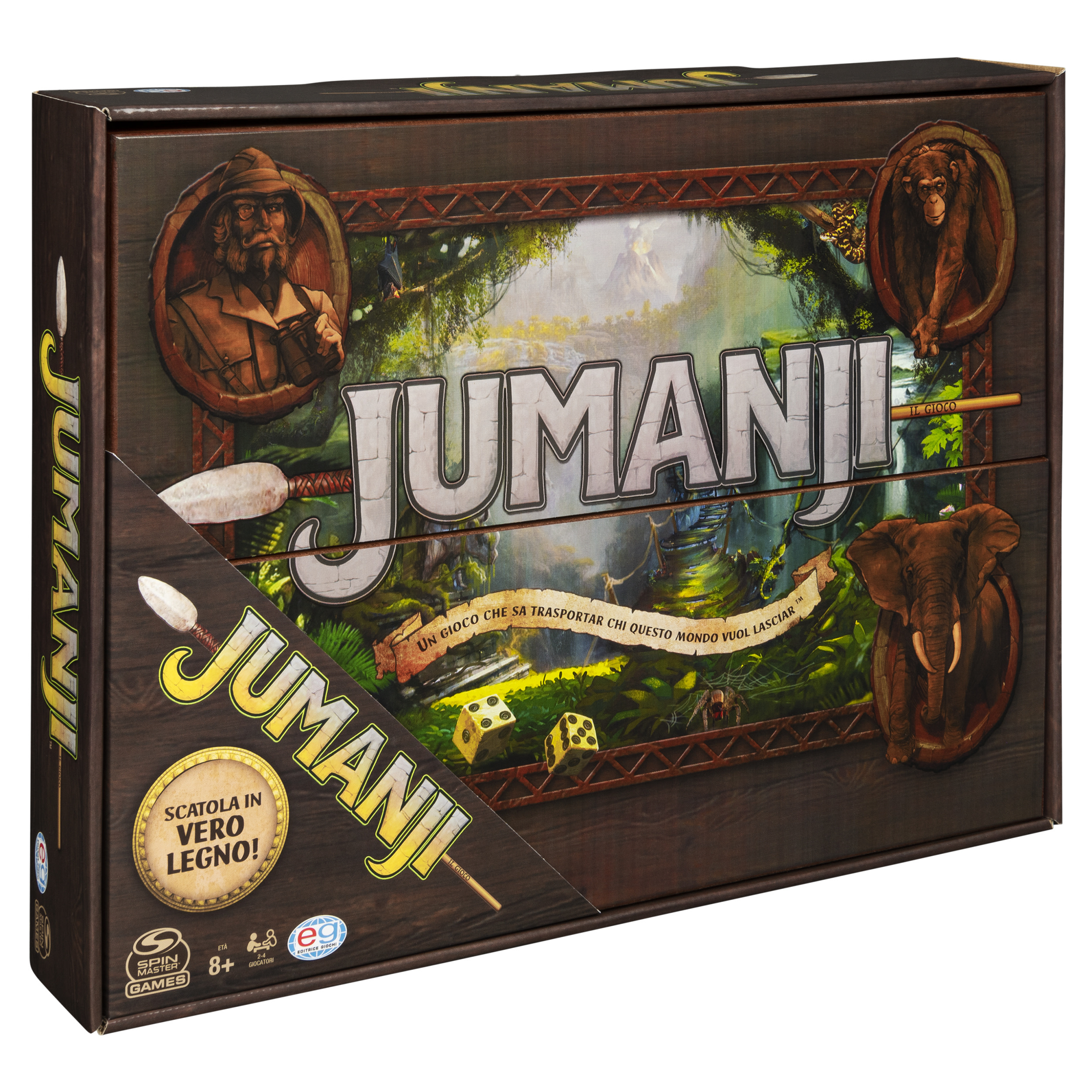 Jumanji-Brettspielbox. Enthält den Titel des Spiels, Dschungelbilder, Würfel und eine Holzstruktur mit Tierporträts.