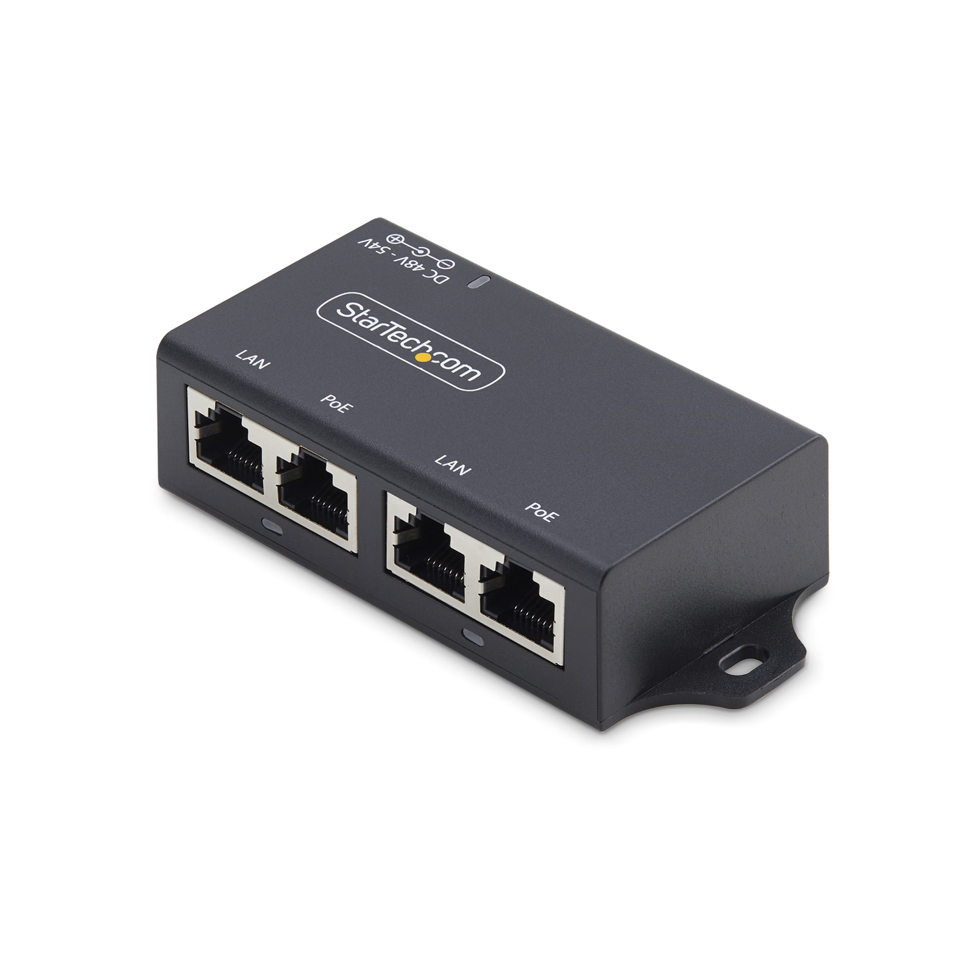 Schwarzer StarTech PoE-Adapter mit mehreren Ethernet-Anschlüssen. Weißer Hintergrund. Oberseite mit Leistungsanzeigen und Branding.