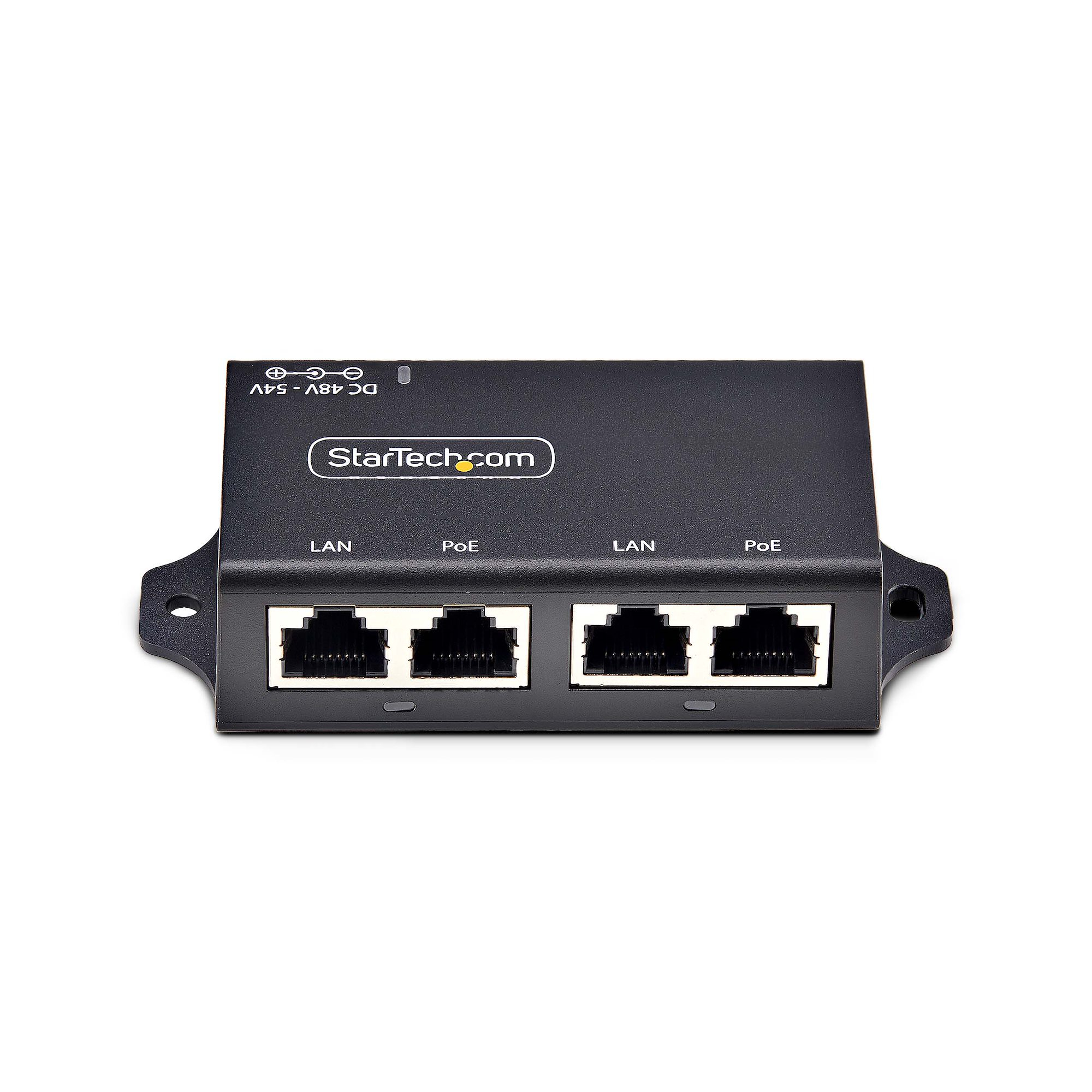Ein schwarzes StarTech.com PoE-Gerät mit LAN- und PoE-Anschlüssen, weißer Hintergrund.