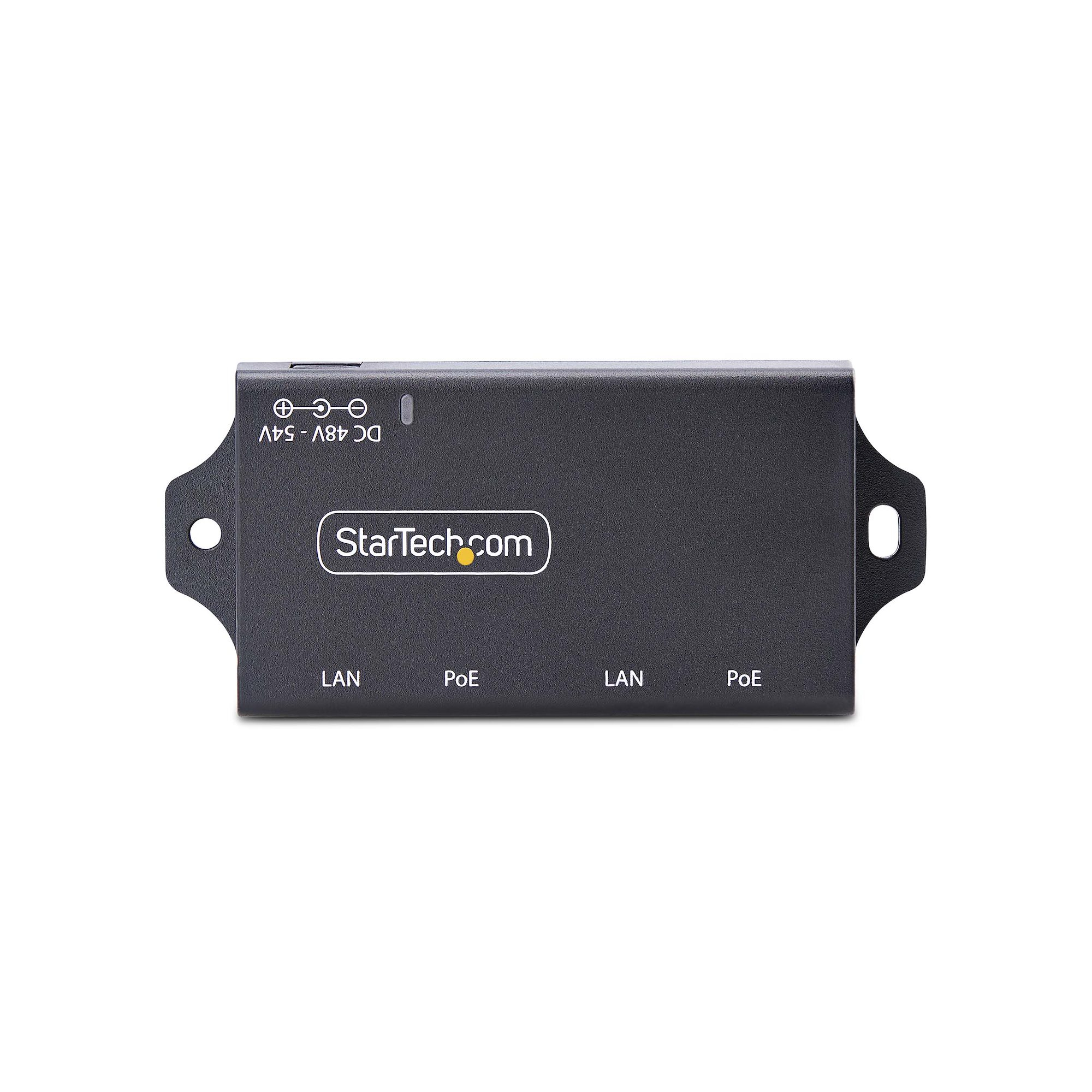 Schwarzes StarTech.com PoE-Gerät. Es hat LAN- und PoE-Anschlüsse, einen DC-Stromanschluss und Halterungen.