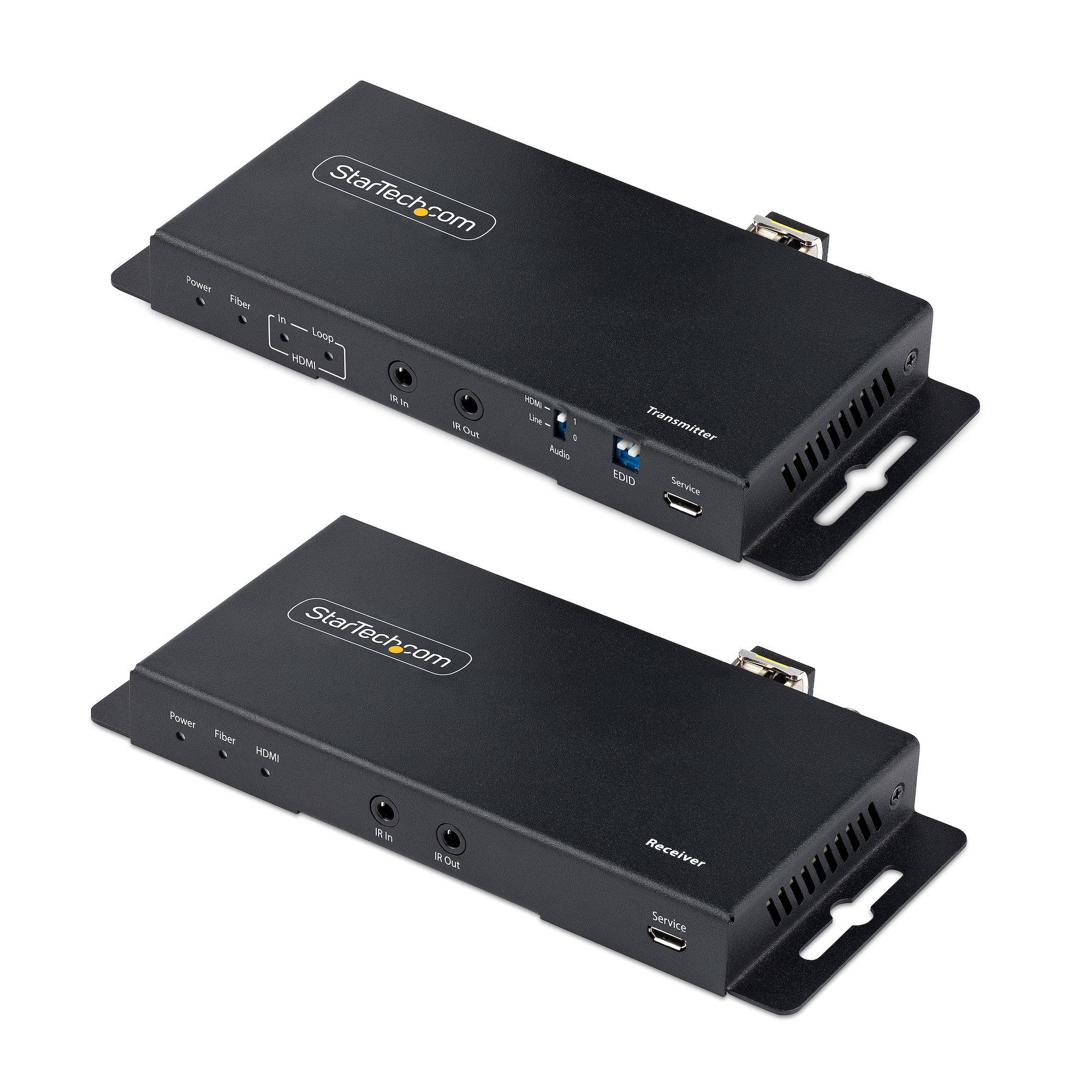 Zwei schwarze StarTech.com HDMI-Sender und -Empfänger mit verschiedenen Anschlüssen, Beschriftungen und Montagehalterungen vor weißem Hintergrund.