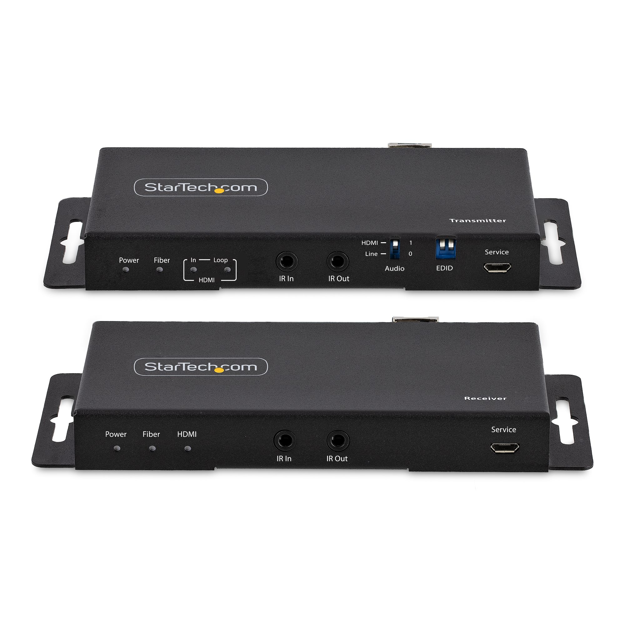 Zwei schwarze StarTech.com HDMI-Sender/Empfänger. Oben steht 'Transmitter', unten 'Receiver'.