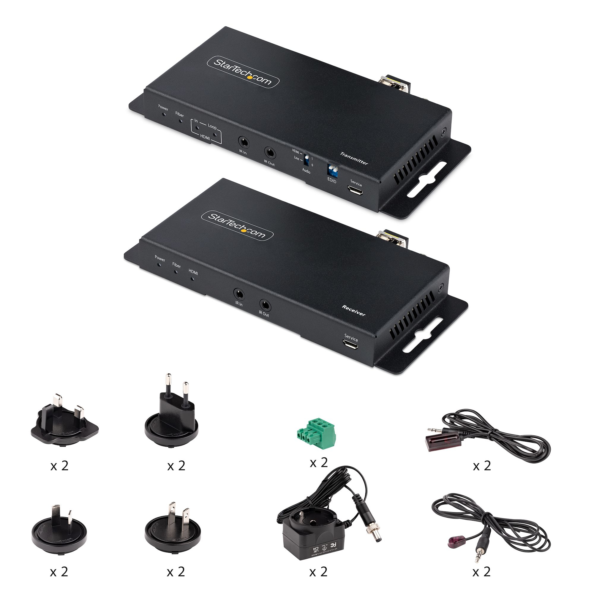 Zwei schwarze StarTech-Boxen mit Zubehör wie Steckern, Kabeln und Adaptern. Boxen mit der Aufschrift 'Transmitter' und 'Receiver'.