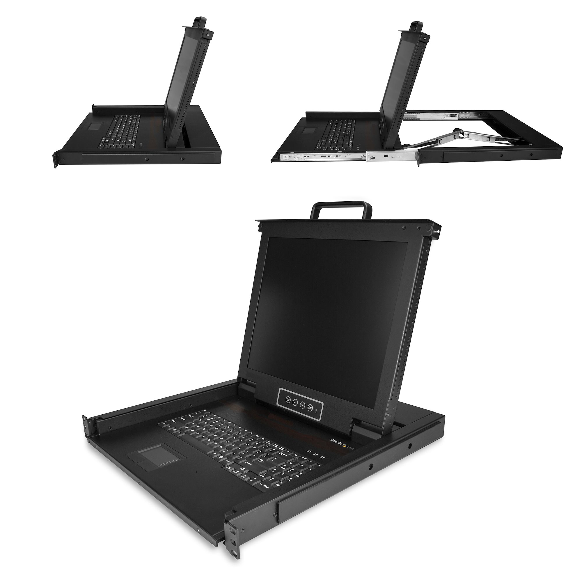 Schwarze Server-Rack-Konsole mit Tastatur, Bildschirm und Griff. Das Display ist geöffnet. Weißer Hintergrund.