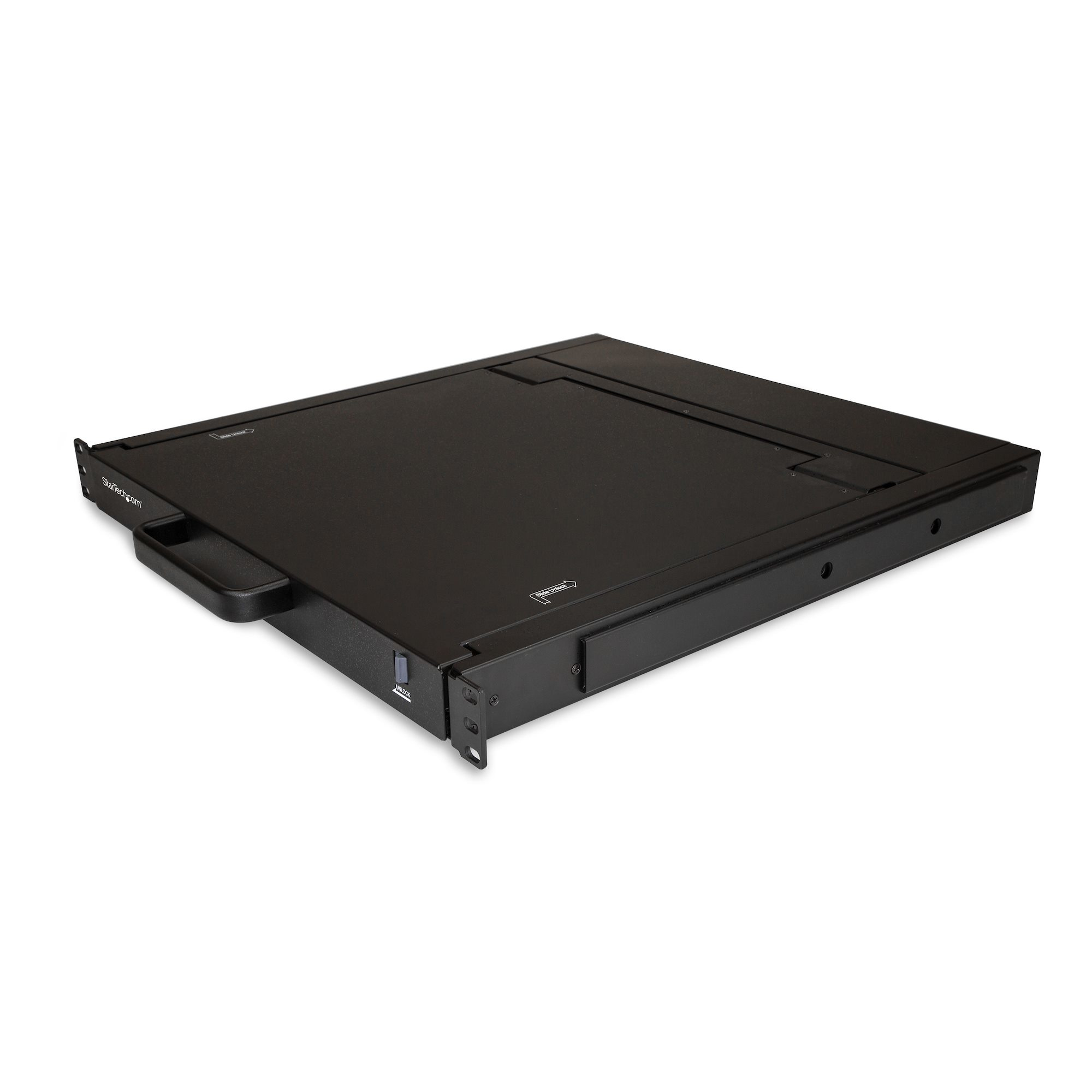 Ein schwarzer Rack-Mount-Server-Schublade. Sie hat einen Griff, und die Frontplatte hat eine Entriegelungstaste.