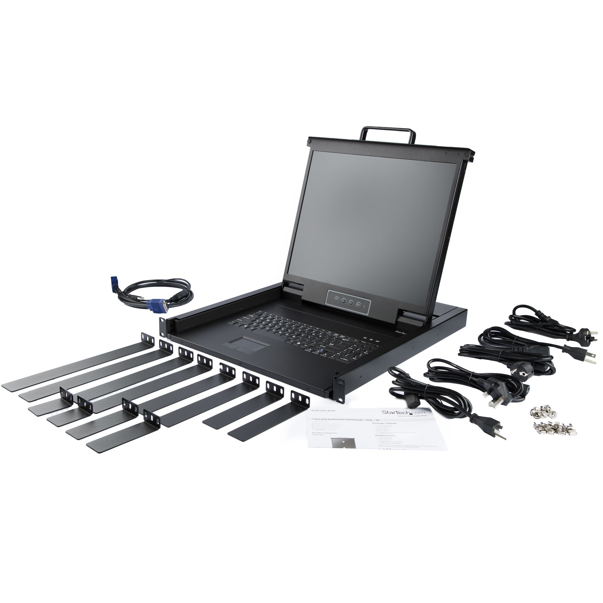 Schwarze Serverkonsole mit Bildschirm, Tastatur und Zubehör. Kabel, Halterungen und ein Handbuch sind ebenfalls vorhanden.