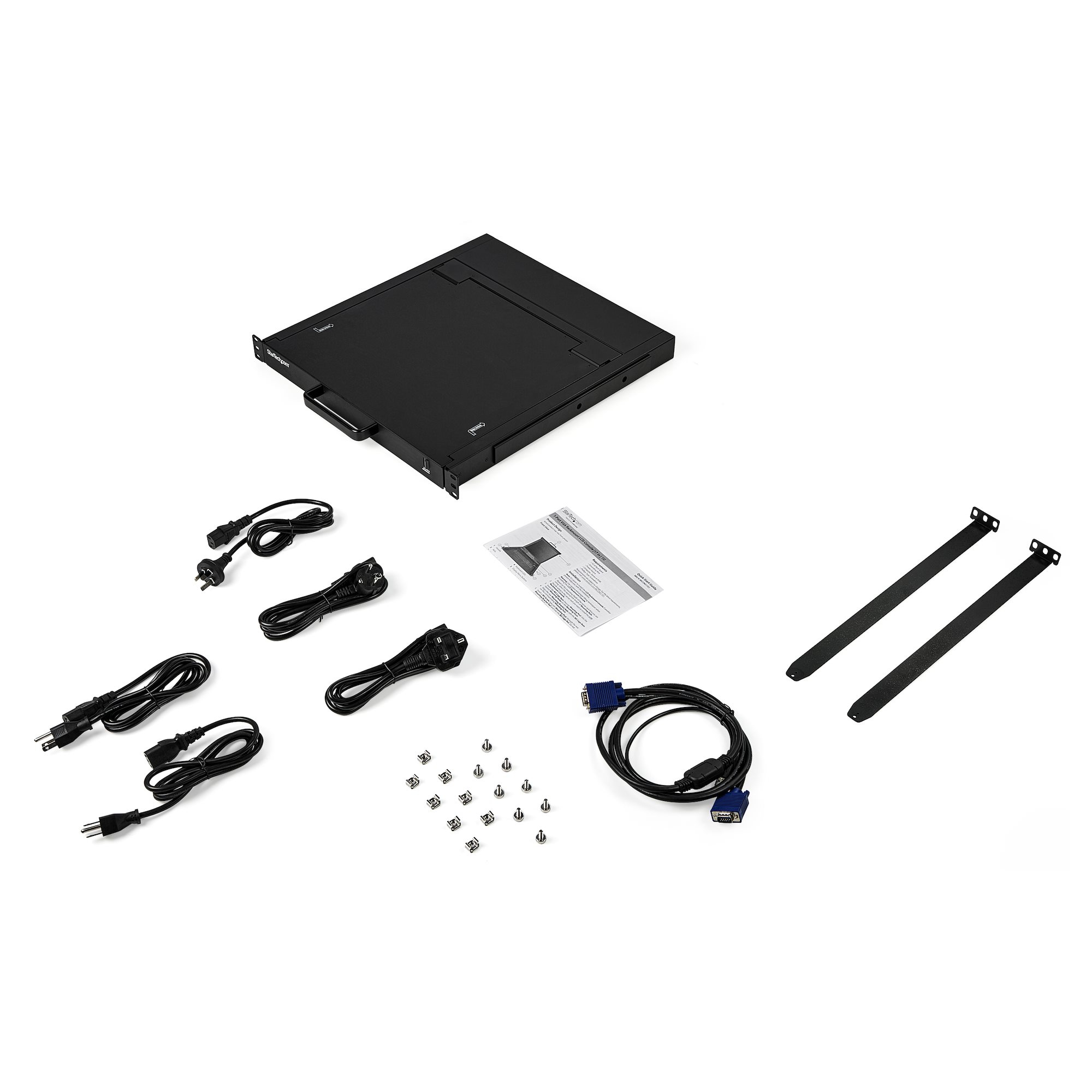 Schwarze Server-Rack-Komponenten auf Weiß. Enthält ein Rack, Kabel, Schrauben, Halterungen und eine Anleitung. Komponenten sind verstreut.