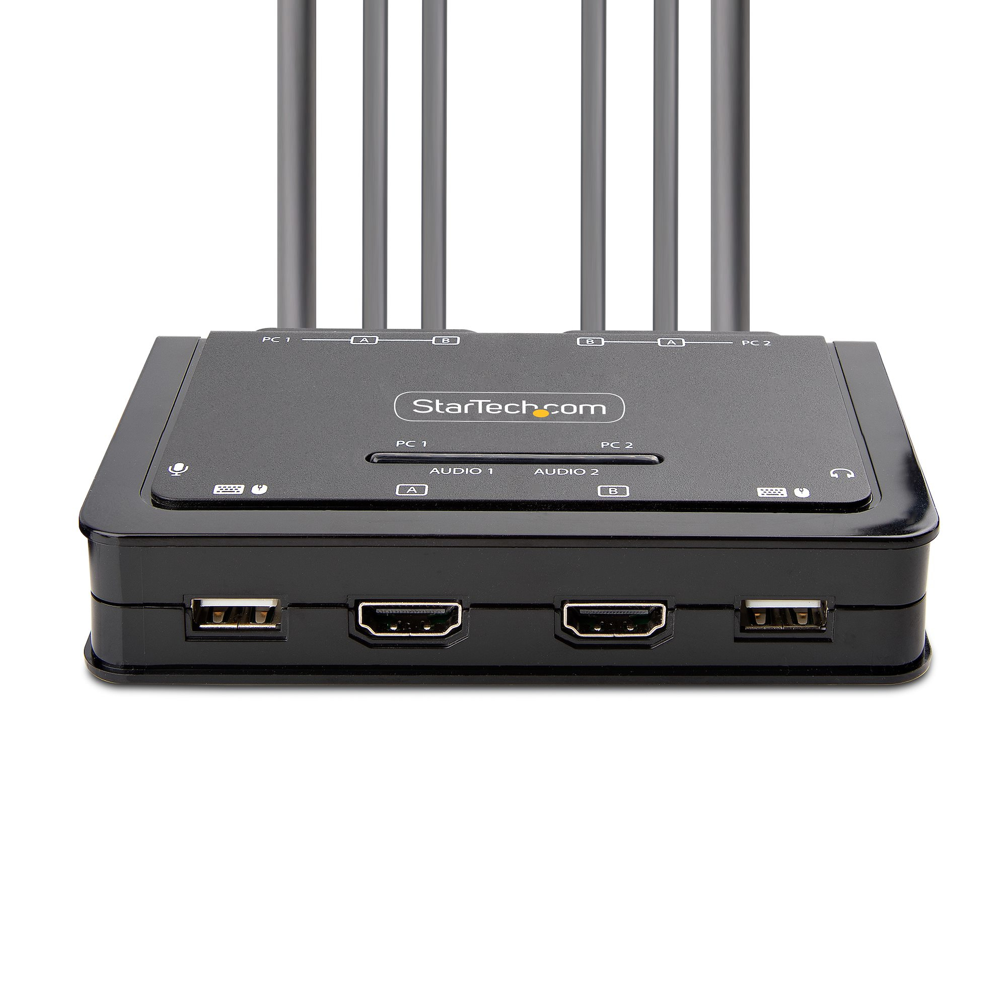 Schwarzes StarTech-Gerät mit Antennen, mehreren Anschlüssen und Etiketten wie PC1, PC2 und Audioeingängen auf weißem Hintergrund.