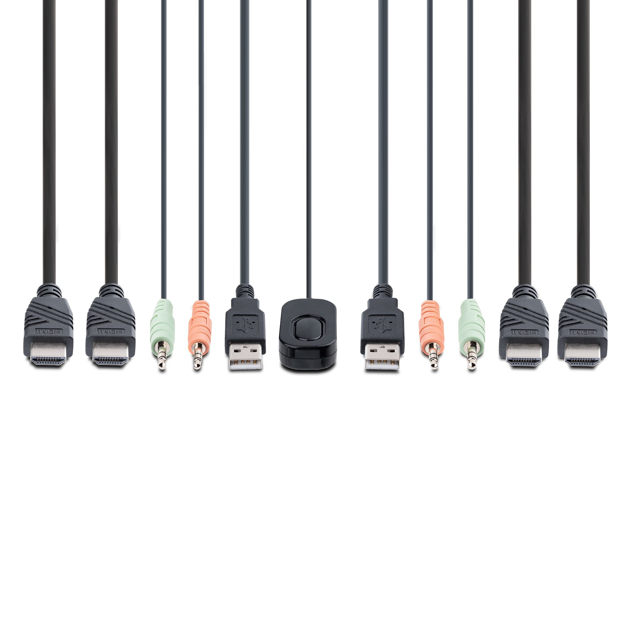 Ein weißer Hintergrund mit verschiedenen schwarzen Kabeln, darunter HDMI, USB und Audioanschlüsse, die von oben hängen.