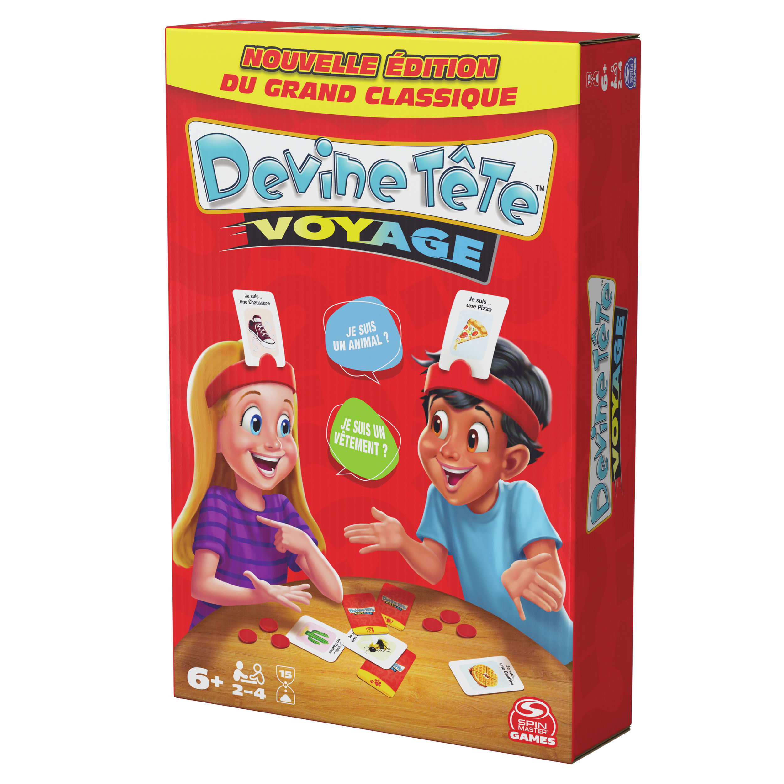 Schachtel des Spiels Devine Tete Voyage, mit Cartoon-Leuten, Karten und Text auf Französisch. Rote und gelbe Farben dominieren.