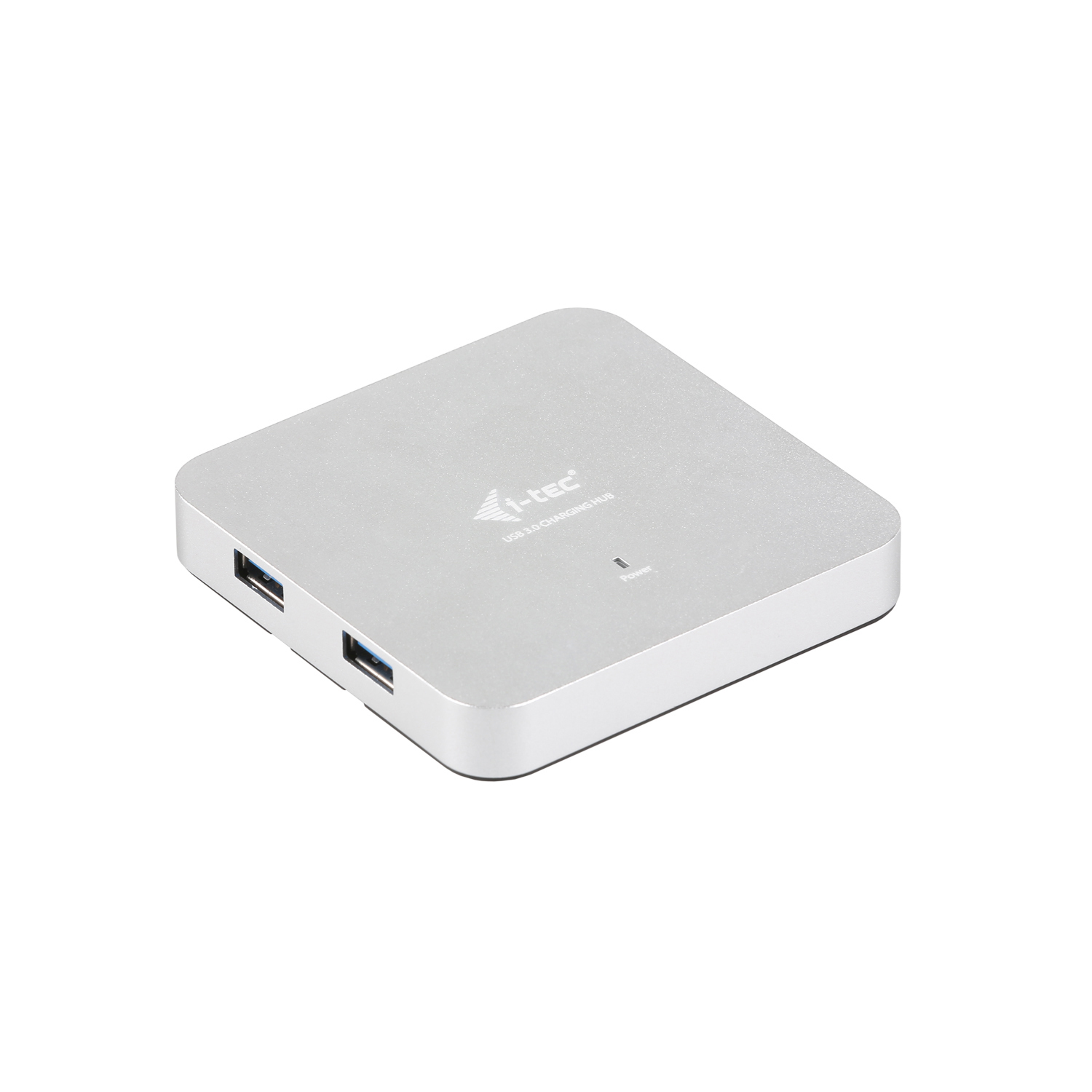 Ein silberner USB-Hub mit zwei sichtbaren Anschlüssen. Er hat eine Betriebsanzeige und das Logo von I-tec. Der Hintergrund ist weiß.
