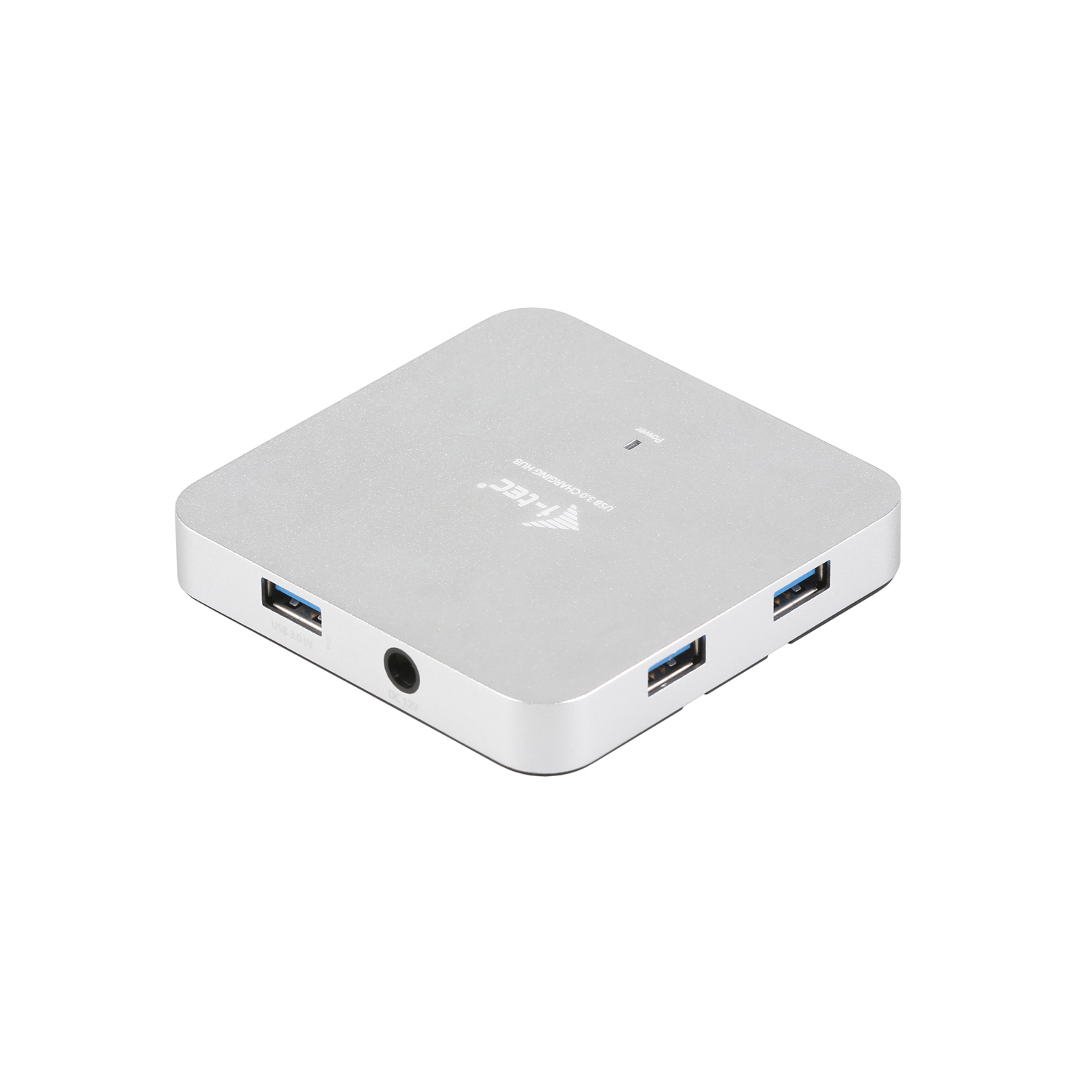 Ein silberner USB-Hub mit vier USB-Anschlüssen und einem Kopfhöreranschluss. Es ist ein quadratisches Gerät auf weißem Hintergrund.