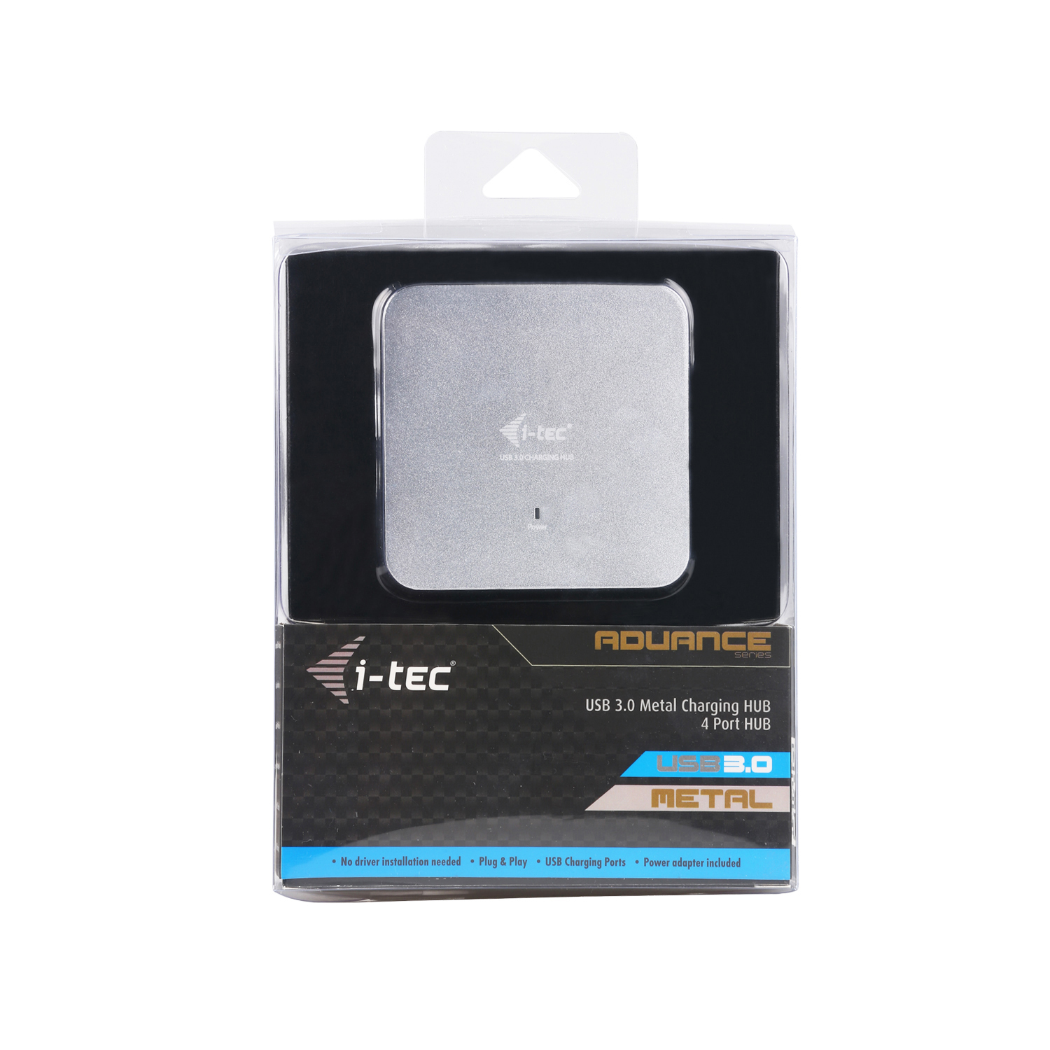Ein USB 3.0 Metall-Ladehub in der Originalverpackung. Er hat eine metallisch-silberne quadratische Form, mit dem i-tec Logo und Produktdetails.