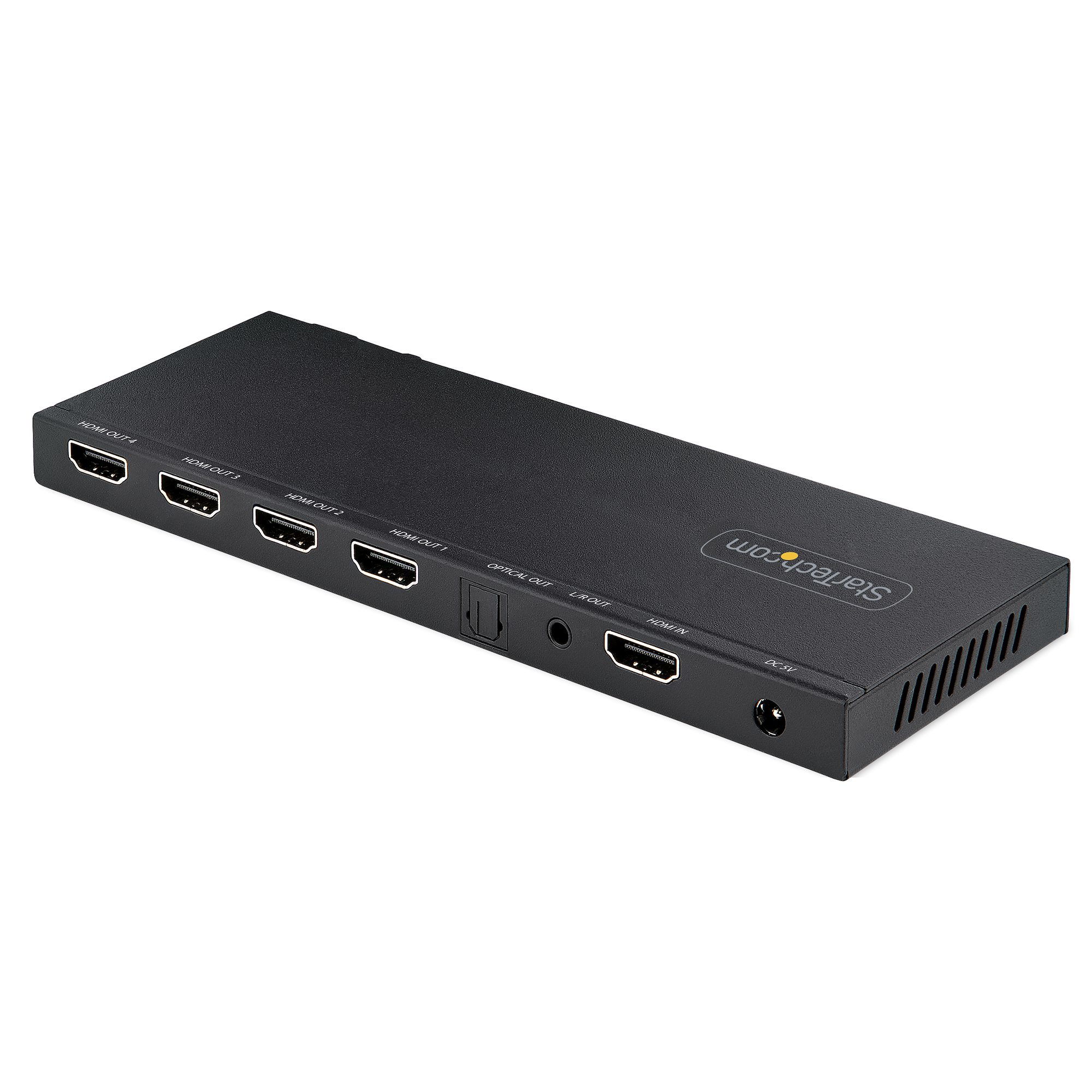 Splitter HDMI nero con più porte di uscita etichettate. Include ingresso di alimentazione e logo StarTech.com.