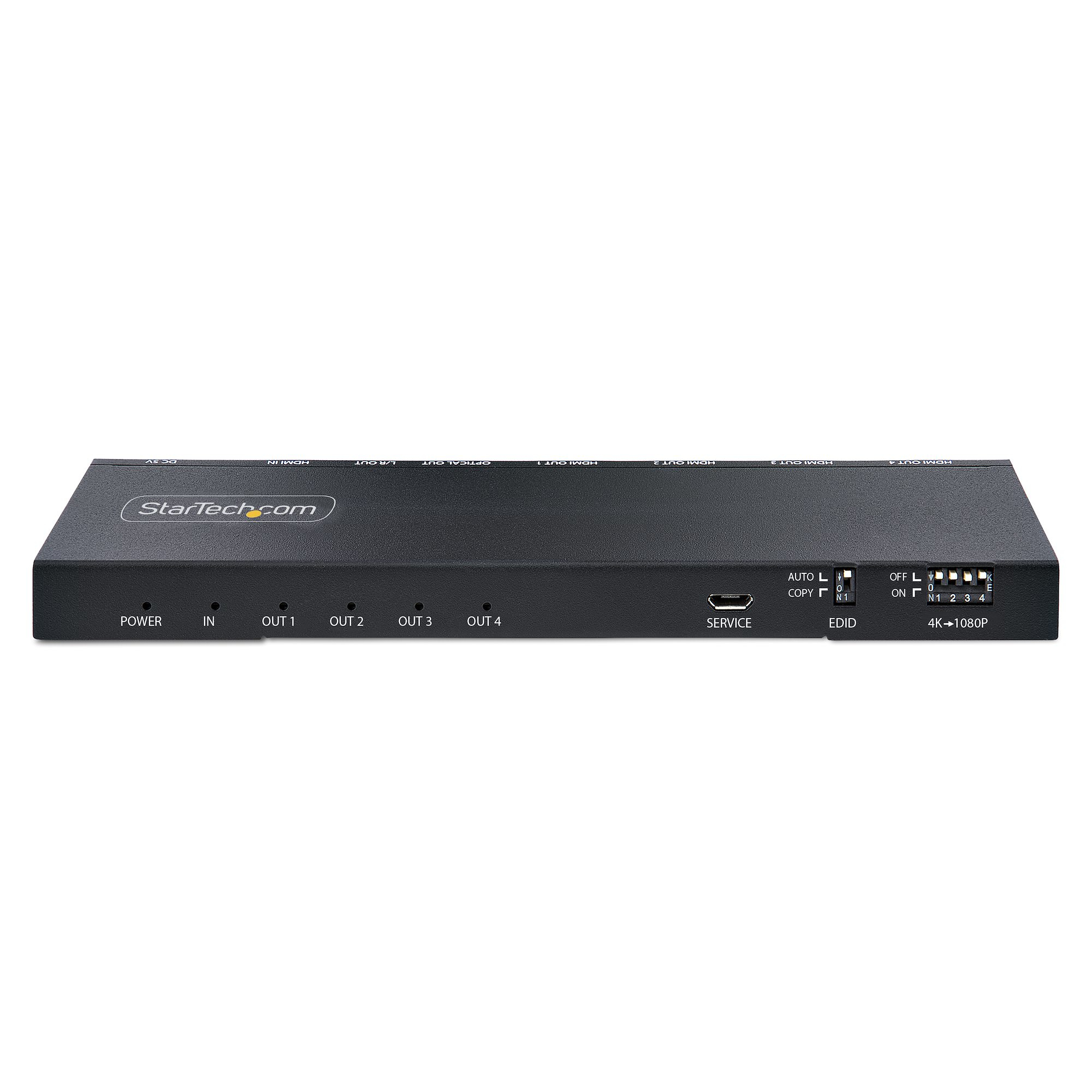 Un dispositivo HDMI StarTech nero con più porte. Le etichette includono alimentazione, ingresso, uscita, servizio ed EDID.