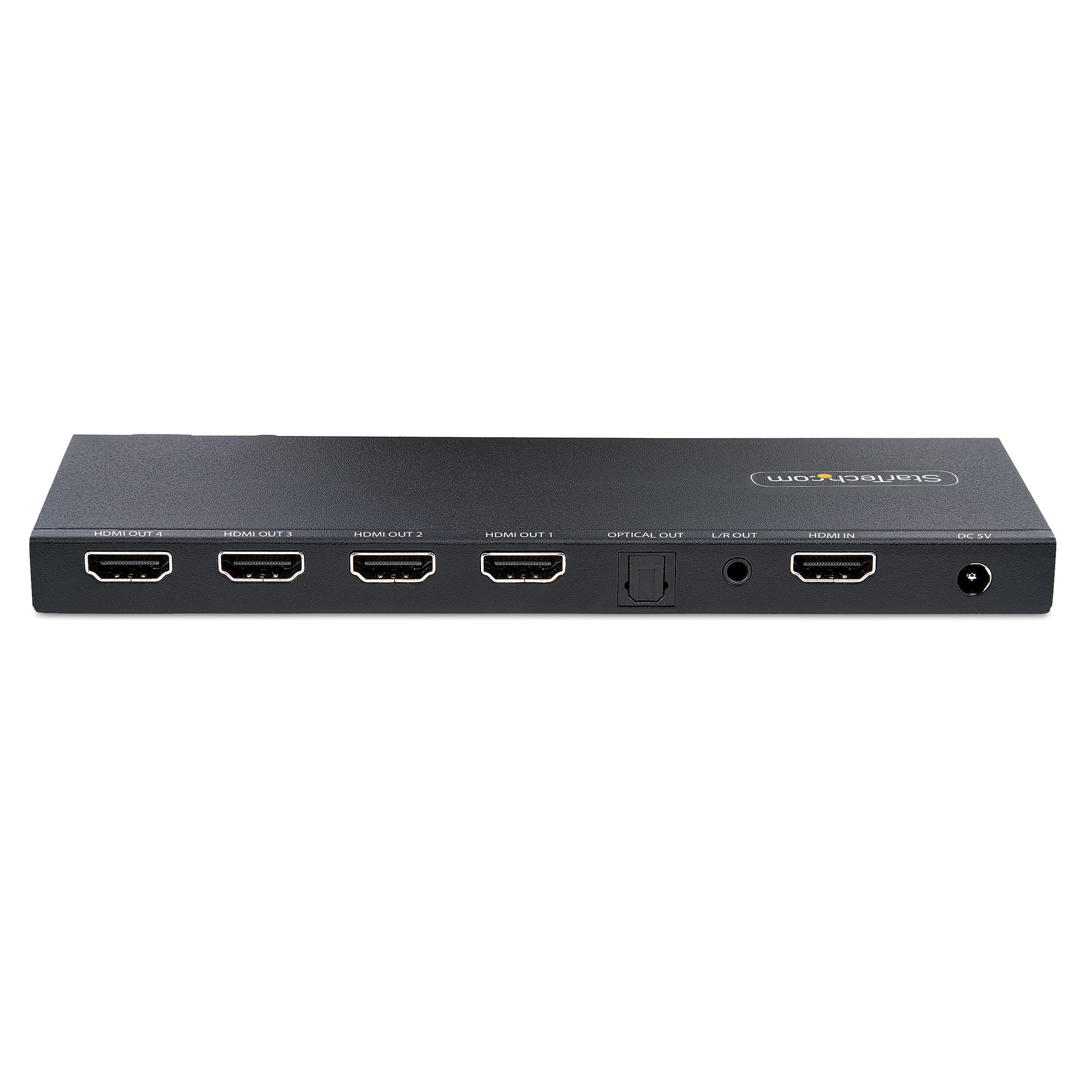 Splitter HDMI nero con più porte di uscita e ingresso. Il marchio è StarTech.com.