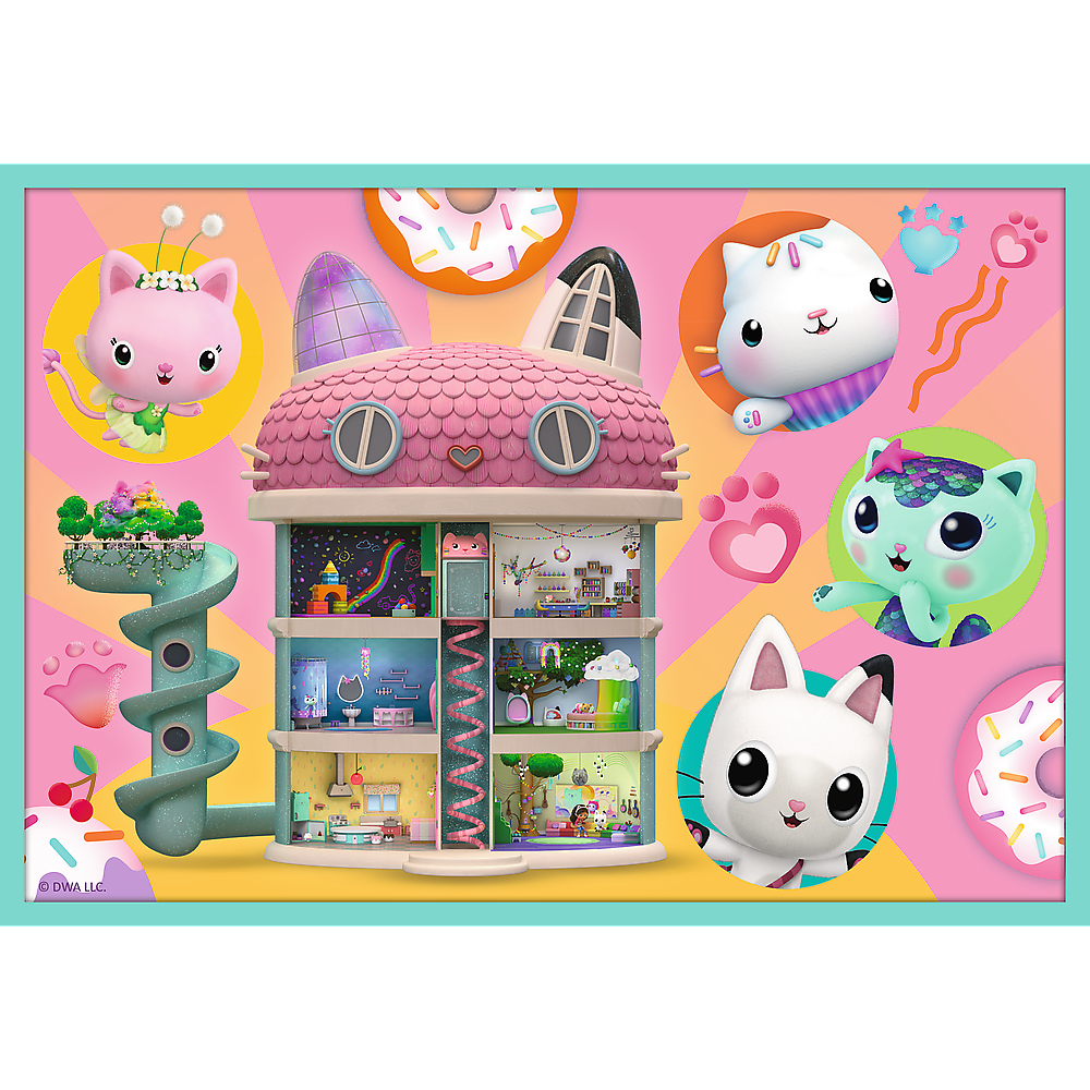 Una colorida ilustración de una casa de muñecas con forma de gato rodeada de personajes de gatos de dibujos animados y donuts.