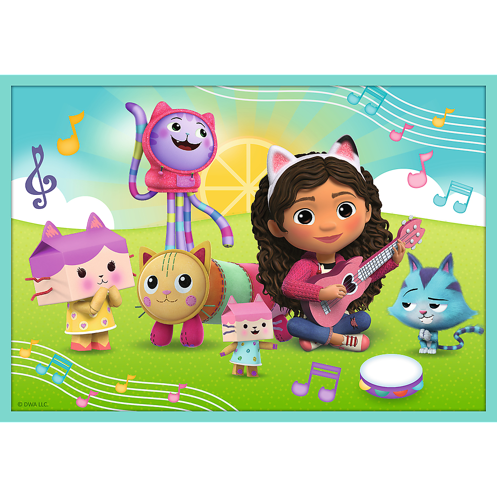 Imagen de dibujos animados de Gabby con personajes de gatos. Gabby toca un ukelele rosa. Notas musicales y un sol en el fondo.