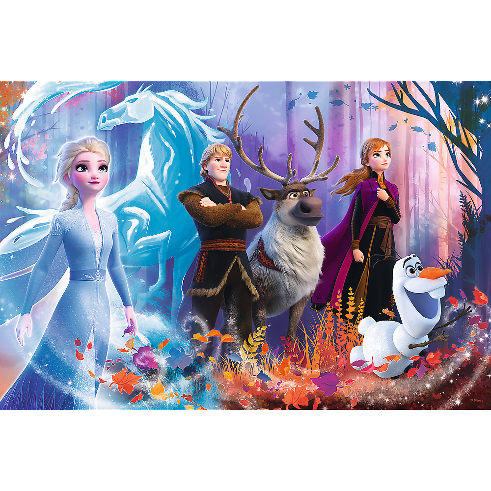 Elsa, Kristoff, Anna, Olaf i Sven z Krainy Lodu stoją w kolorowym lesie. Za nimi jest niebieski koń.