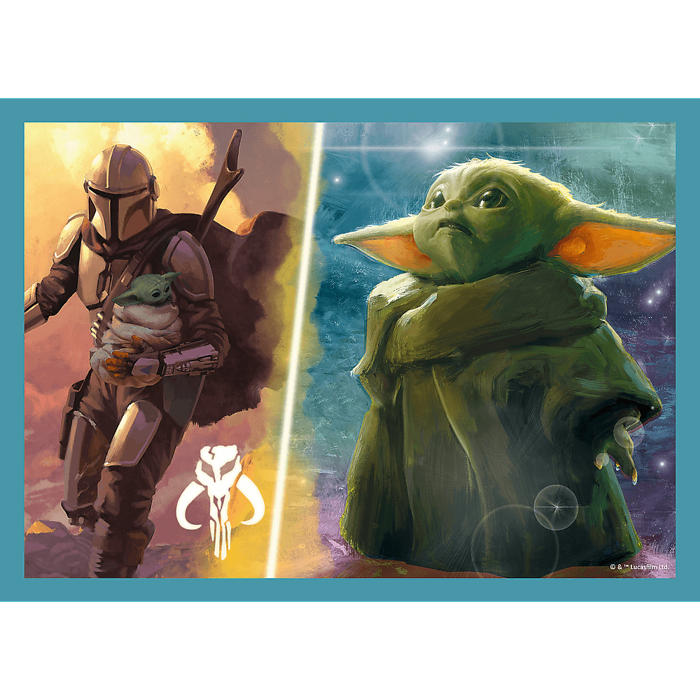 El Mandaloriano con Baby Yoda y el logo del Mandaloriano. Baby Yoda está en el lado derecho de la imagen.