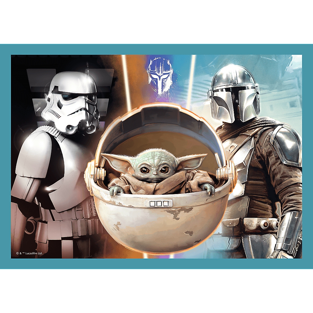 Se representan a El Mandaloriano, Baby Yoda y un Stormtrooper. Baby Yoda está en una cápsula, con el Mandaloriano a la derecha.