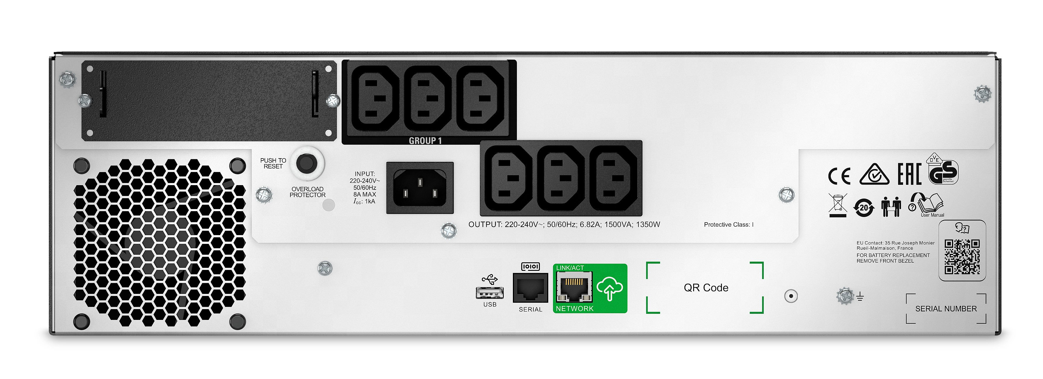 Panel trasero de un dispositivo con enchufes, puertos y etiquetas. Incluye un ventilador, botón de reinicio y detalles de conexión.
