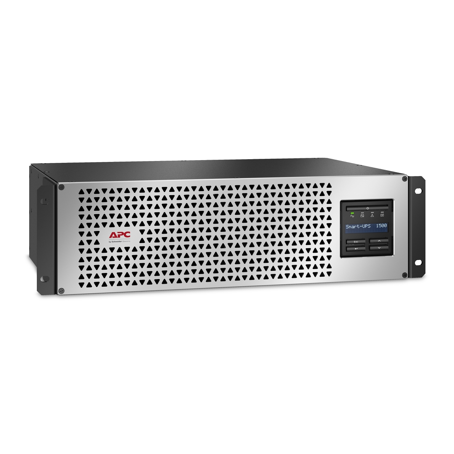 APC Smart-UPS 1500 plateado y negro. Panel frontal con rejilla triangular. Pantalla muestra información. Logotipo APC visible.