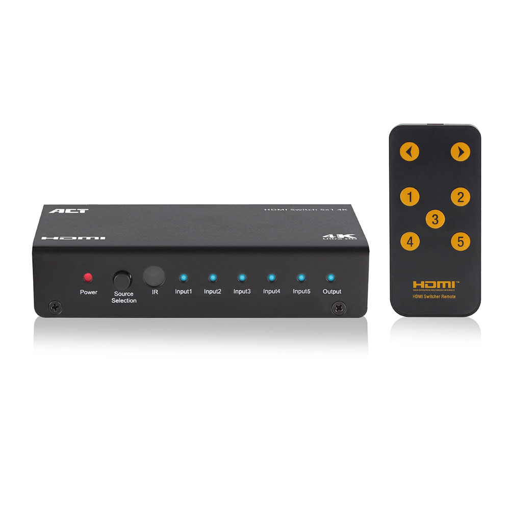Switch HDMI nero con telecomando. Lo switch ha porte di ingresso e uscita. Il telecomando ha numeri e tasti freccia.