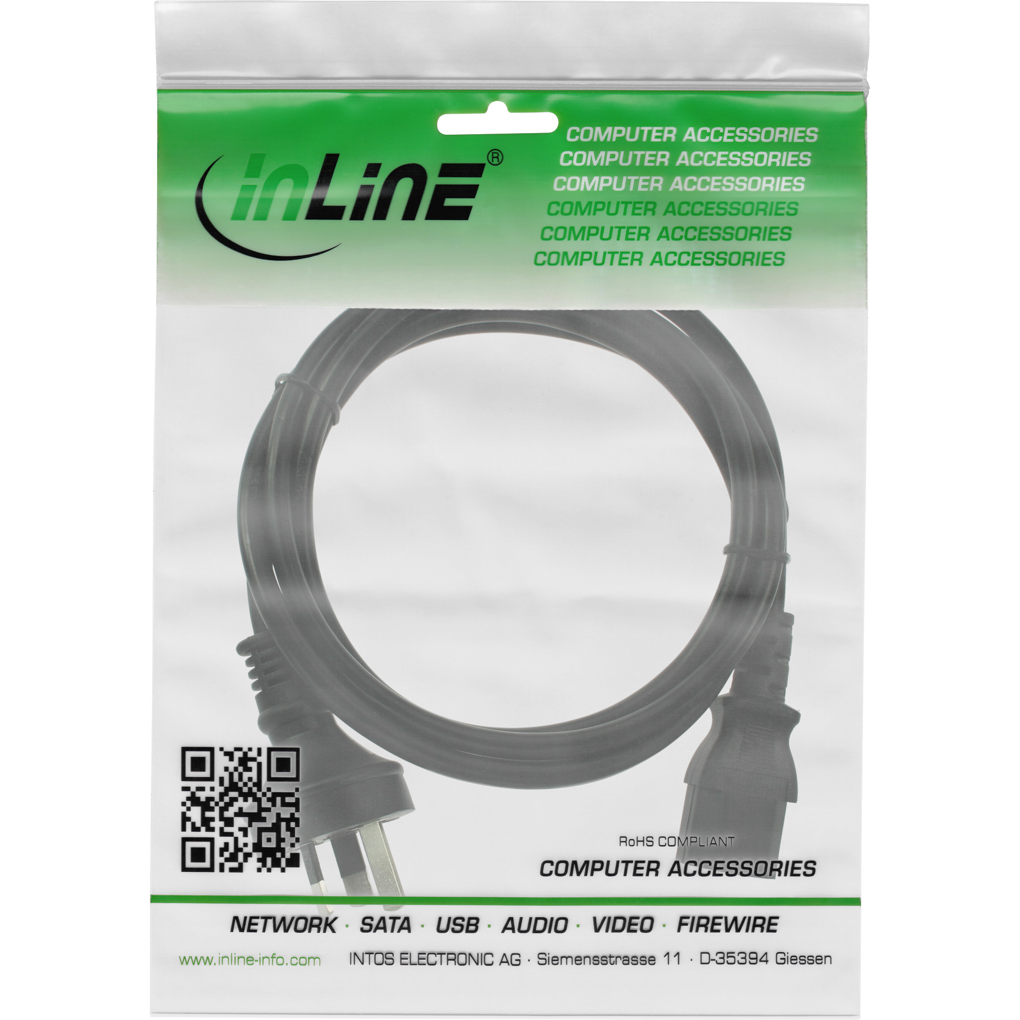 Ein schwarzes Netzkabel in einer transparenten Plastikverpackung mit dem InLine-Logo und dem Text Computerzubehör.
