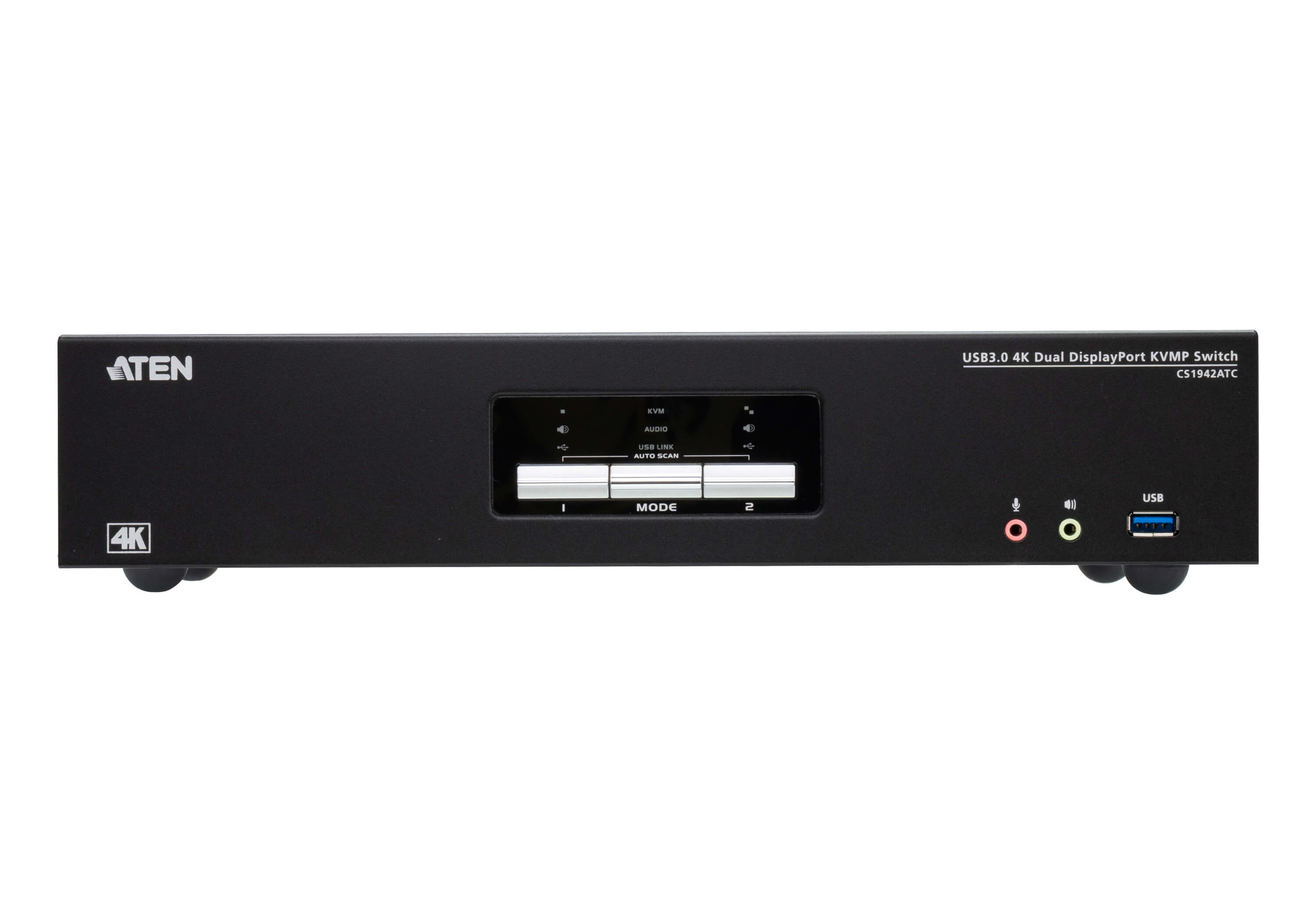 Commutateur KVMP Dual DisplayPort USB3.0 4K ATEN noir avec boutons, ports et écran. Le logo 4K est visible.