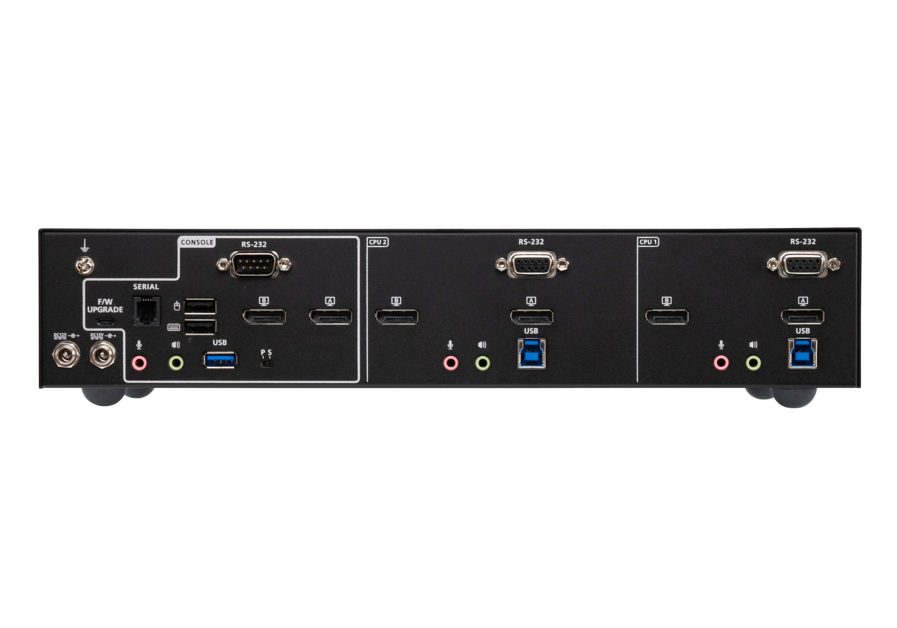 Un appareil noir avec plusieurs ports étiquetés : console, CPU1, CPU2, RS-232 et USB, avec divers connecteurs et boutons.