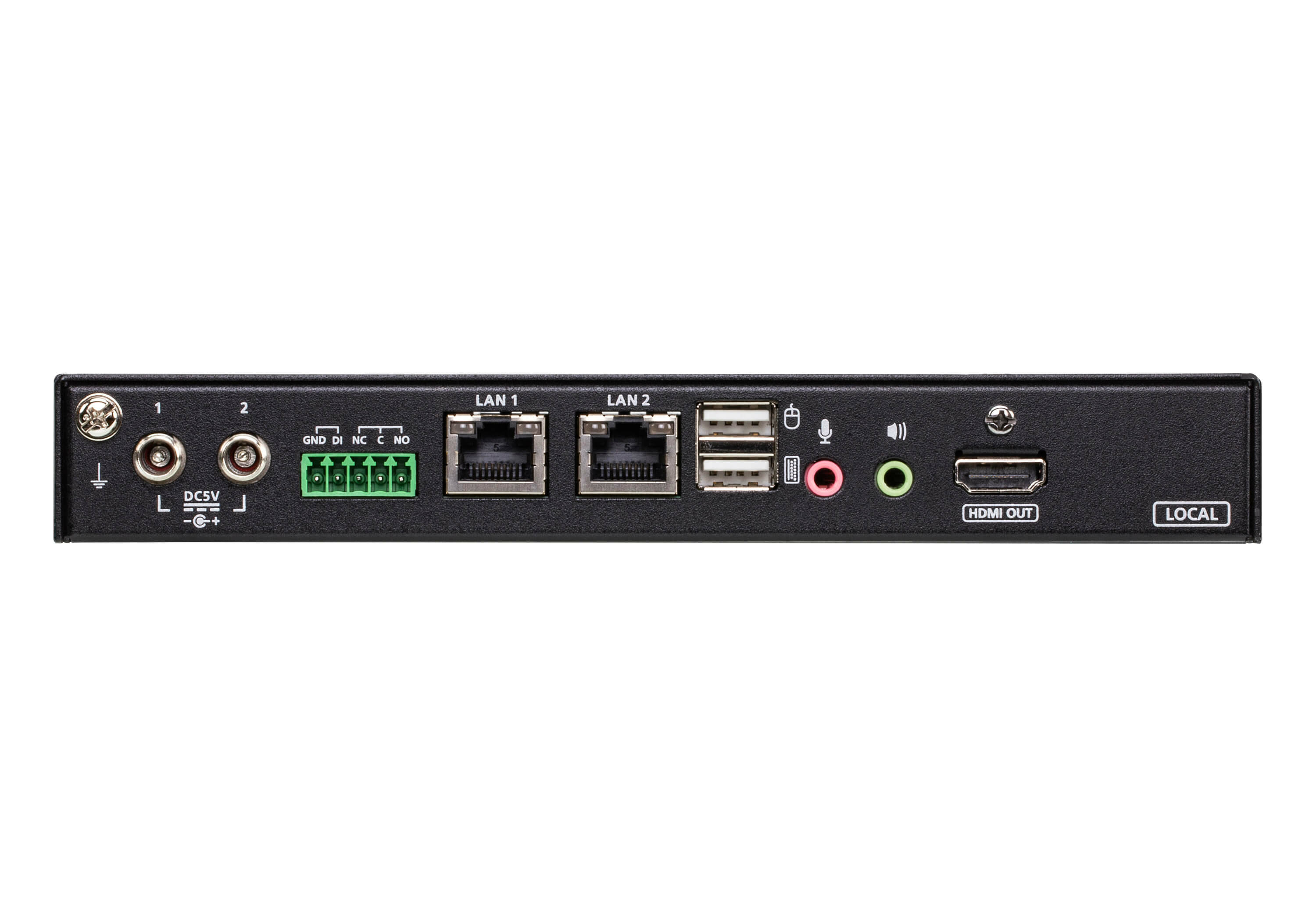 A black device rear view with ports: LAN, USB, audio, and HDMI out. Includes power and connection terminals.