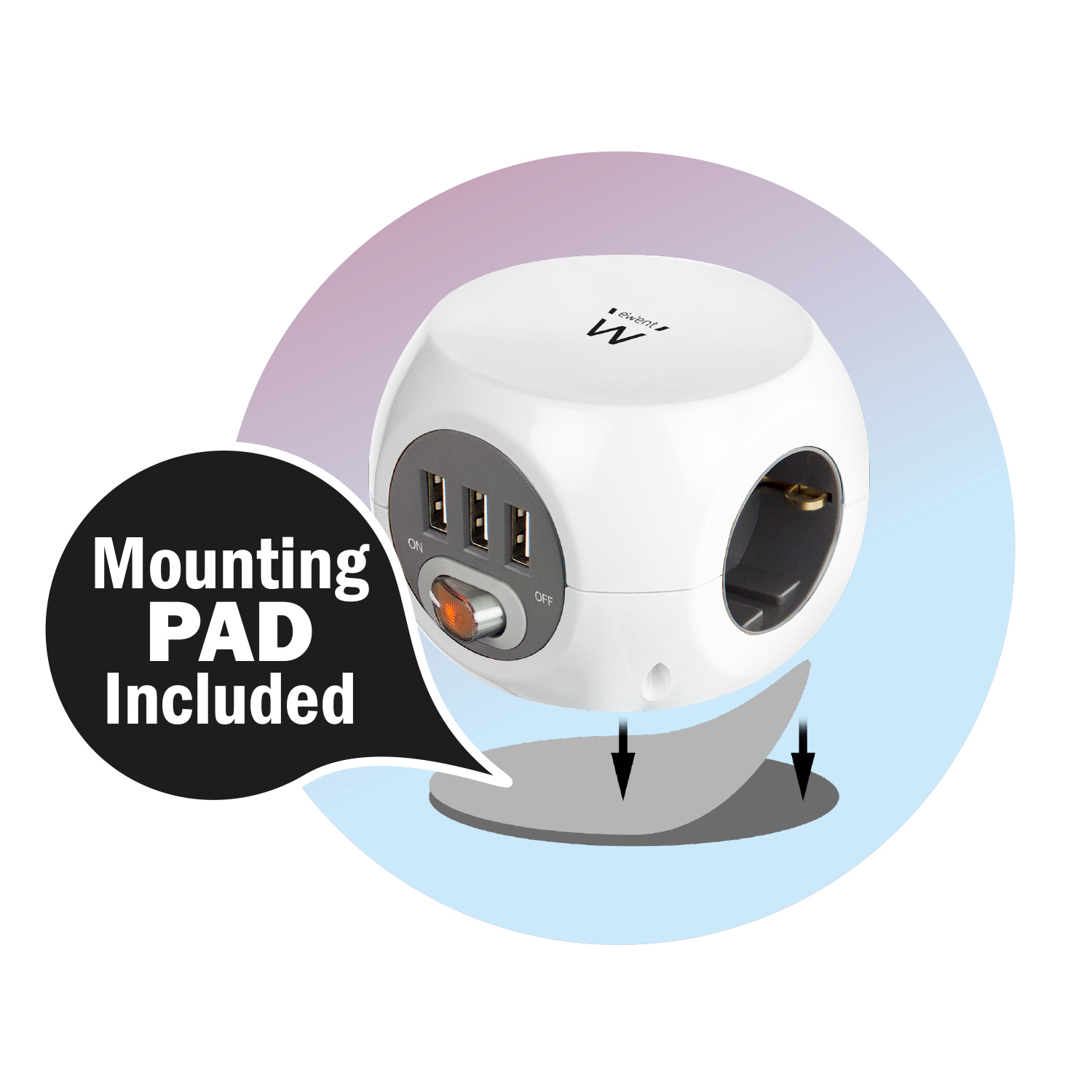 Biała kostka zasilająca z portami USB, wtyczką i włącznikiem/wyłącznikiem. 'Mounting PAD Included' jest napisane w dymku.
