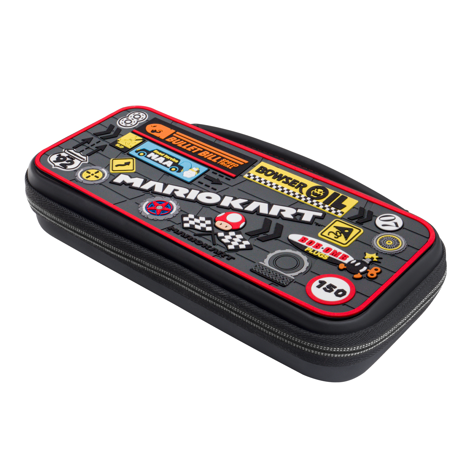 Un estuche negro de Mario Kart con gráficos coloridos y una cremallera. Presenta varios iconos relacionados con el juego y el número 150.