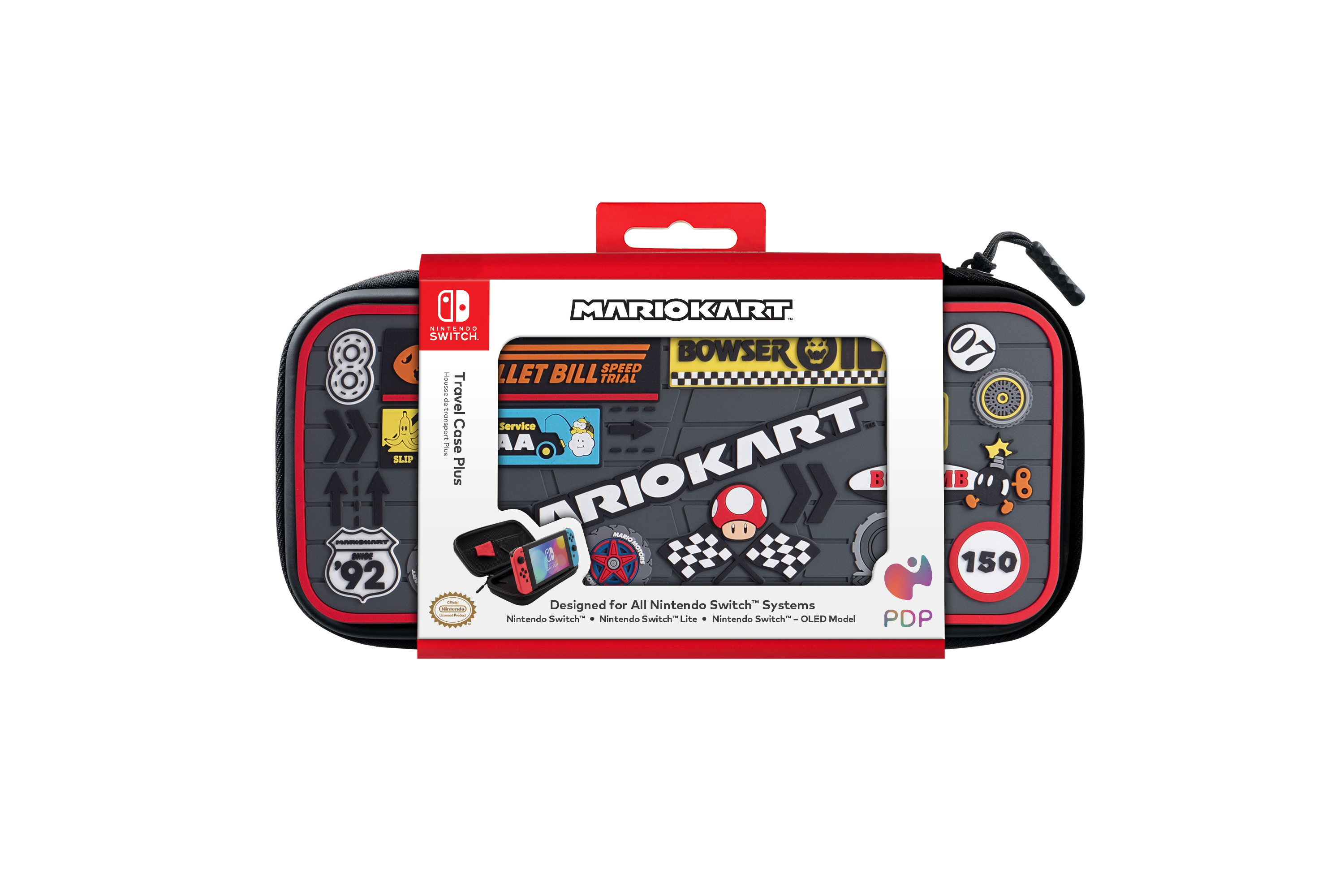 Una funda de viaje de Mario Kart para Nintendo Switch. La funda es negra, roja y gris, con gráficos de Mario Kart.