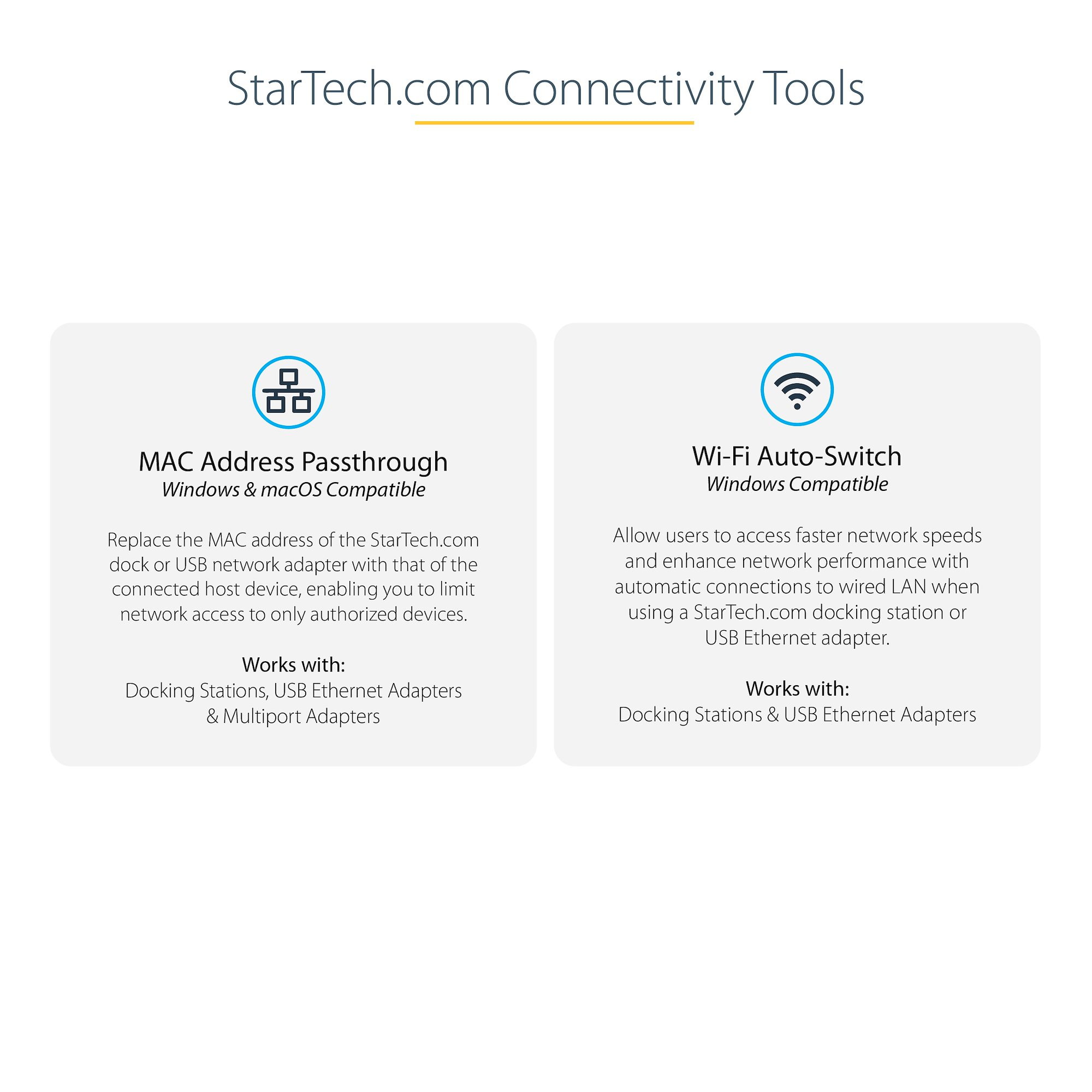 Das Bild zeigt StarTech.com-Tools mit MAC-Adress-Passthrough- und Wi-Fi-Auto-Switch-Funktionen.