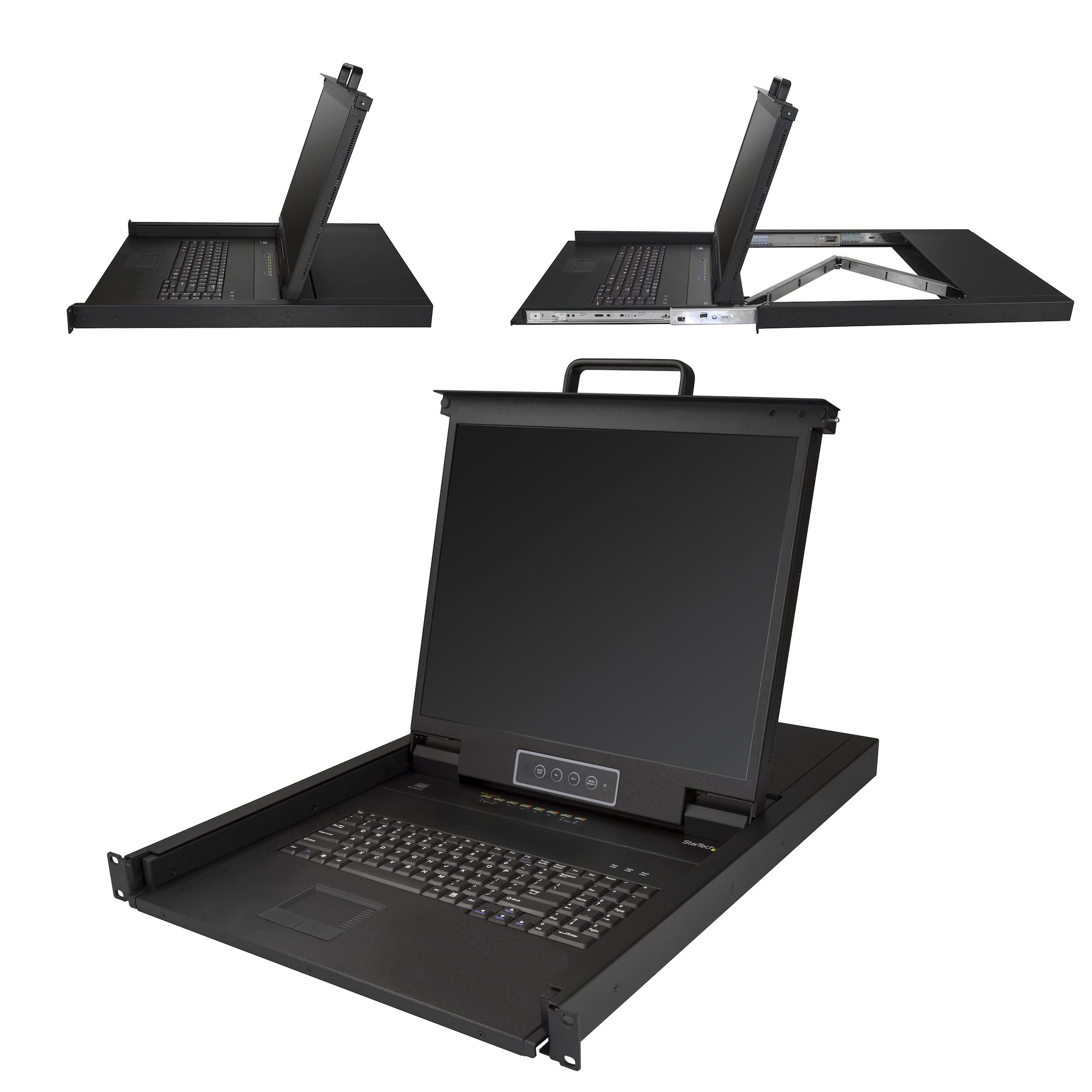 Eine schwarze Server-Rack-Konsole mit Tastatur, Touchpad und einem kippbaren Monitor. Das Rack ist offen.