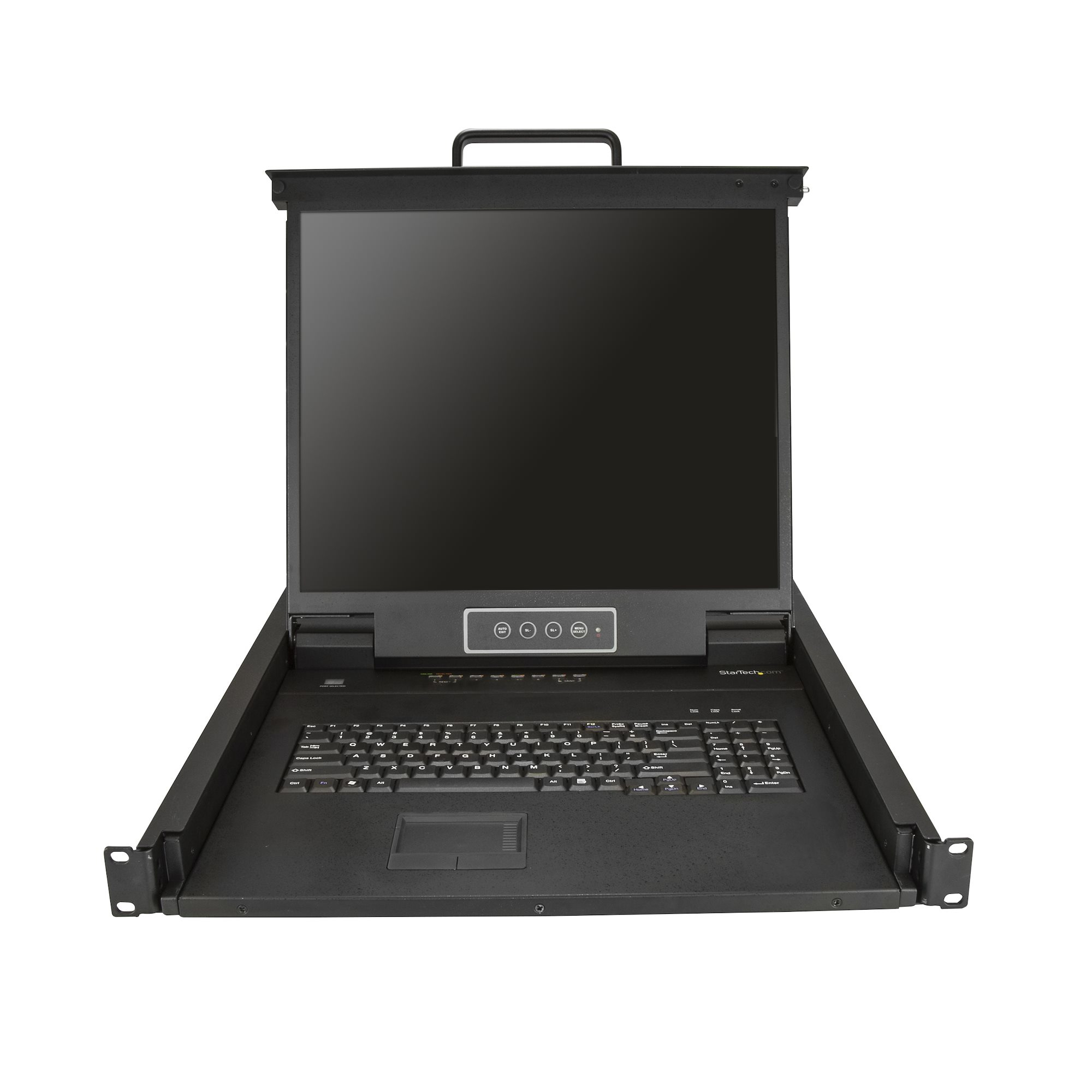 Ein schwarzer Rack-Mount-Computermonitor mit integrierter Tastatur und Touchpad. Knöpfe und Anschlüsse sind sichtbar.