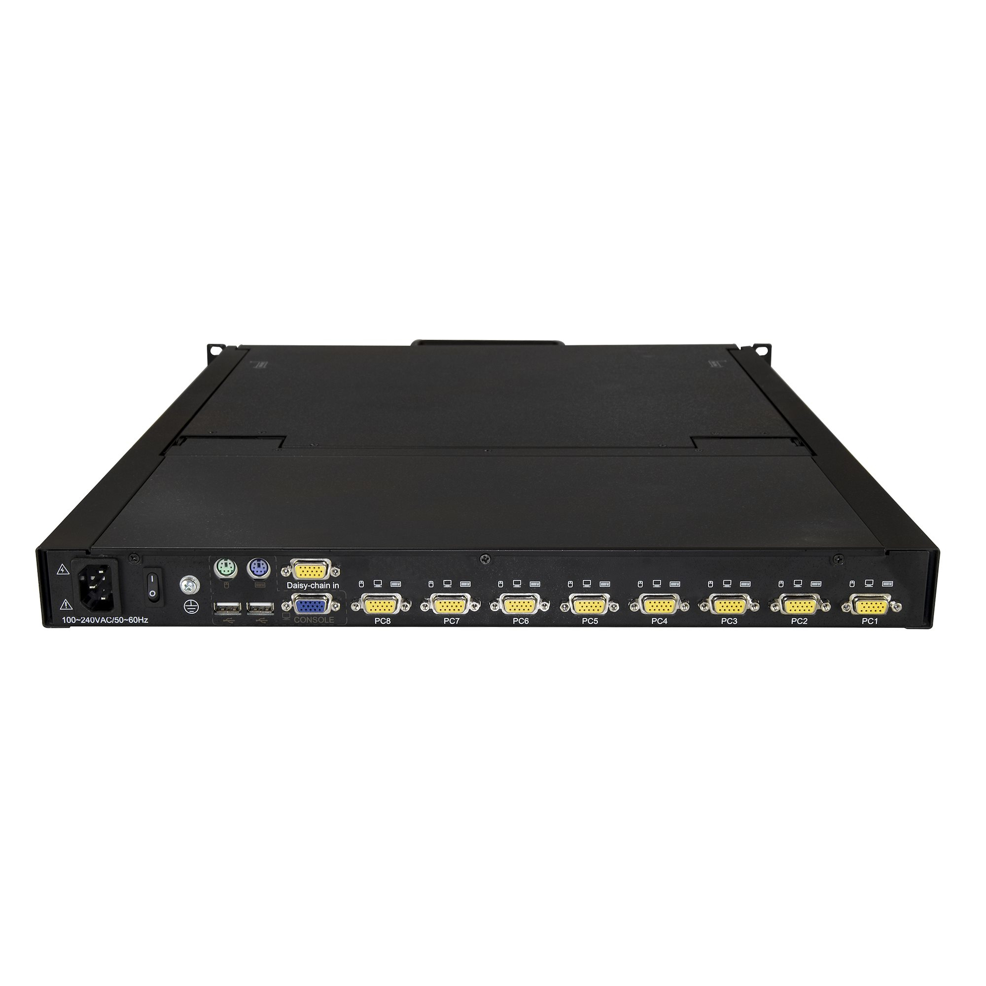 Schwarzer Server mit mehreren Anschlüssen, beschriftet mit PC1 bis PC8, Konsole und Stromeingang. Daisy-Chain-Eingang sichtbar.