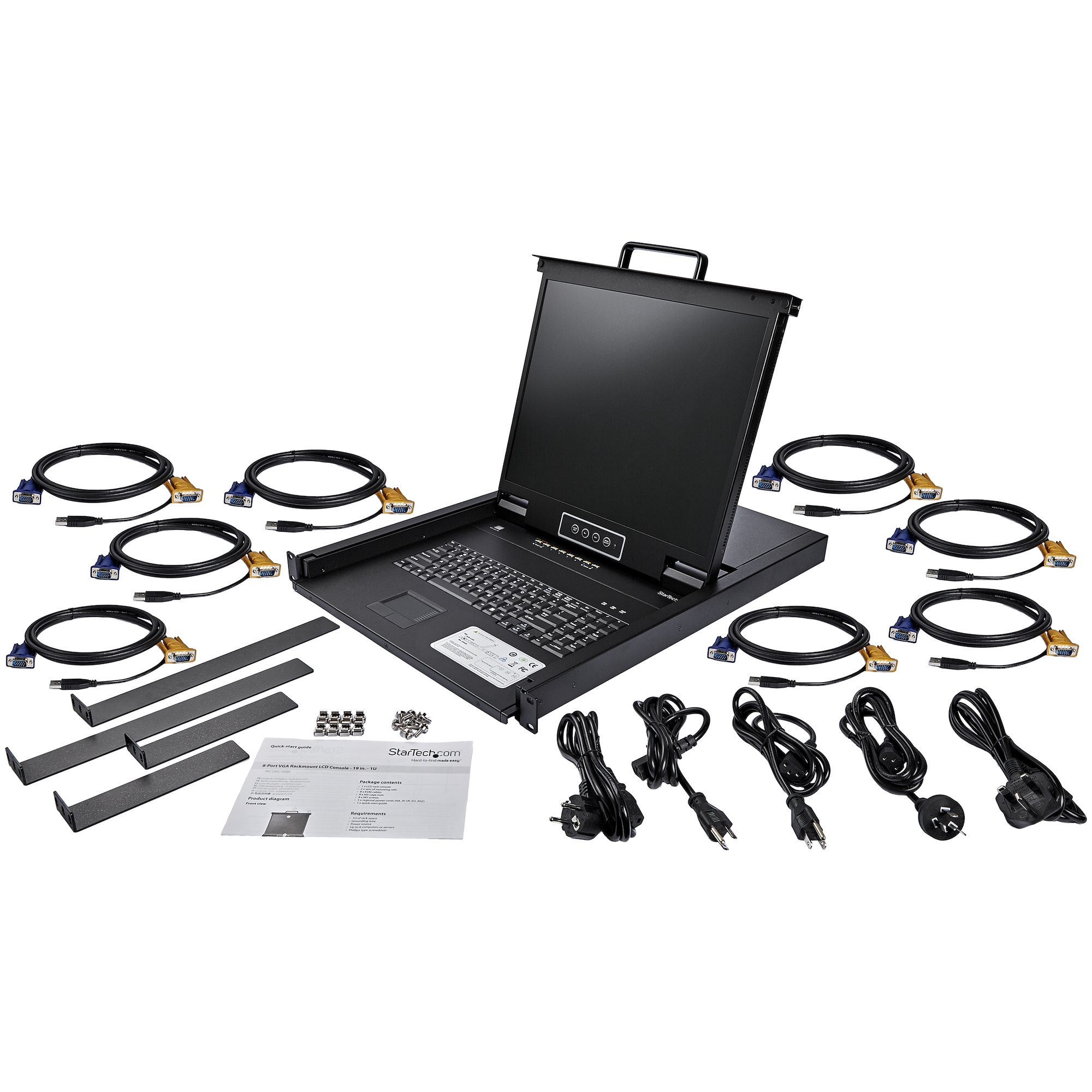 Eine Rackmount-LCD-Konsole mit Tastatur, Monitor und Kabeln. Enthält Netzkabel, Montagematerial und eine Kurzanleitung.