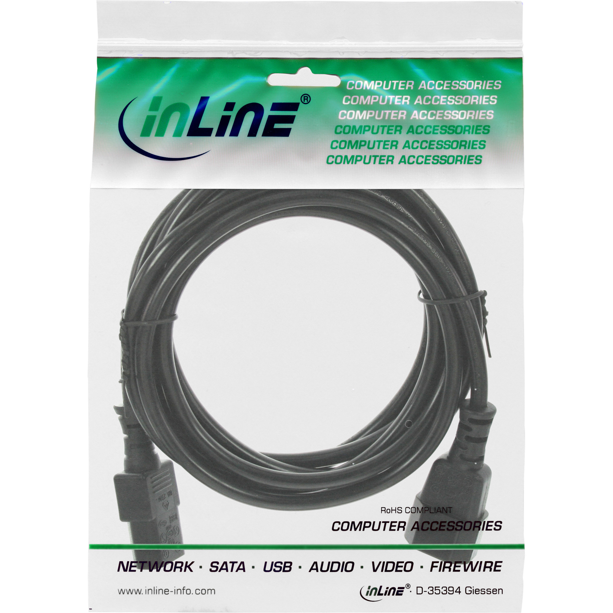 Ein Computerkabel in einer Plastikverpackung. Die Verpackung hat den Markennamen inLine. Das Kabel ist in der Verpackung aufgerollt.